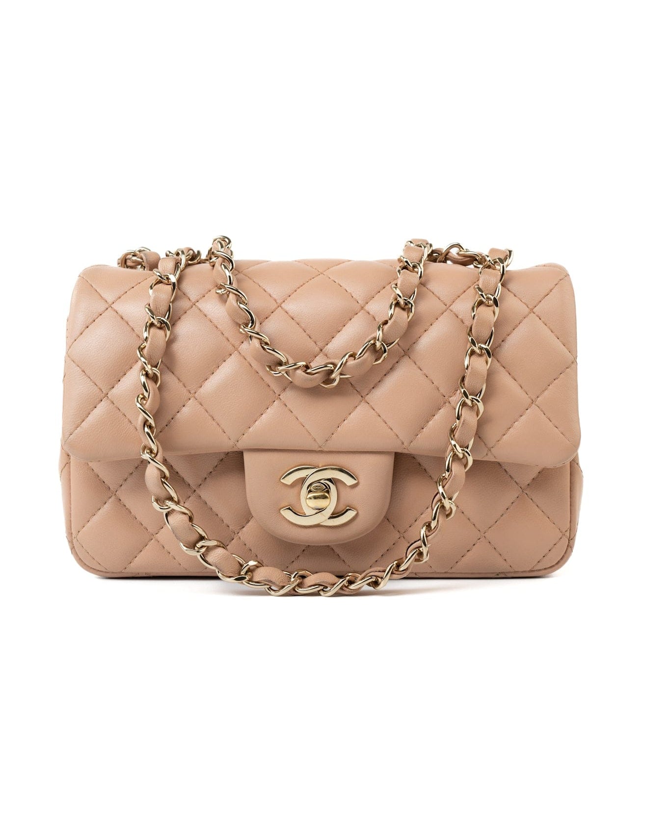 CHANEL Handbag Beige Lambskin Quilted Mini Rectangular Flap Light Gold Hardware - Redeluxe