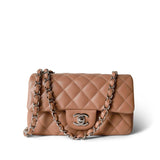 CHANEL Handbag Beige Light Caramel Quilted Mini Rectangular Silver Hardware - Redeluxe