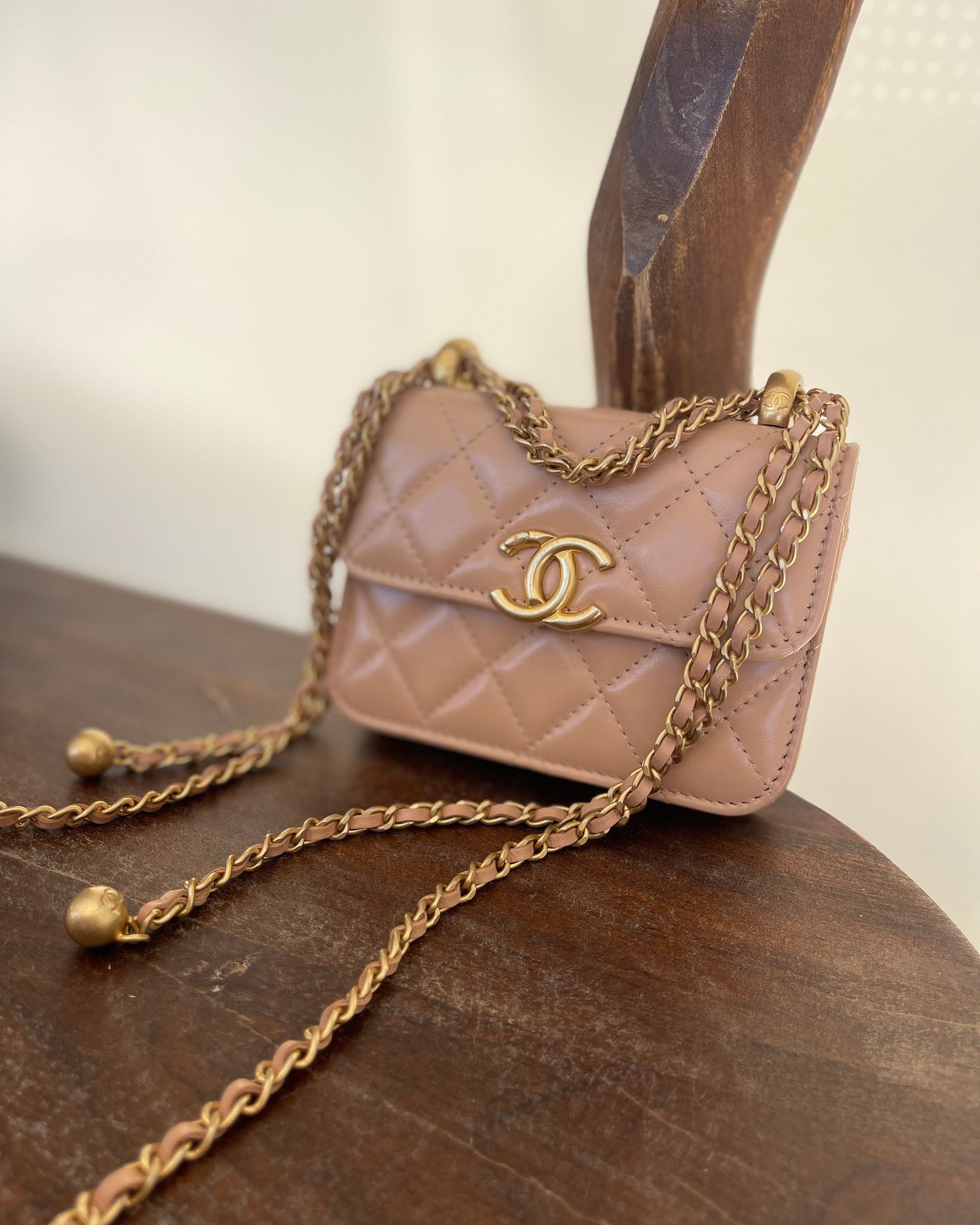 CHANEL Handbag Beige Micro Lambskin Quilted Coin Purse with Chain Aged Gold Hardware - Redeluxe