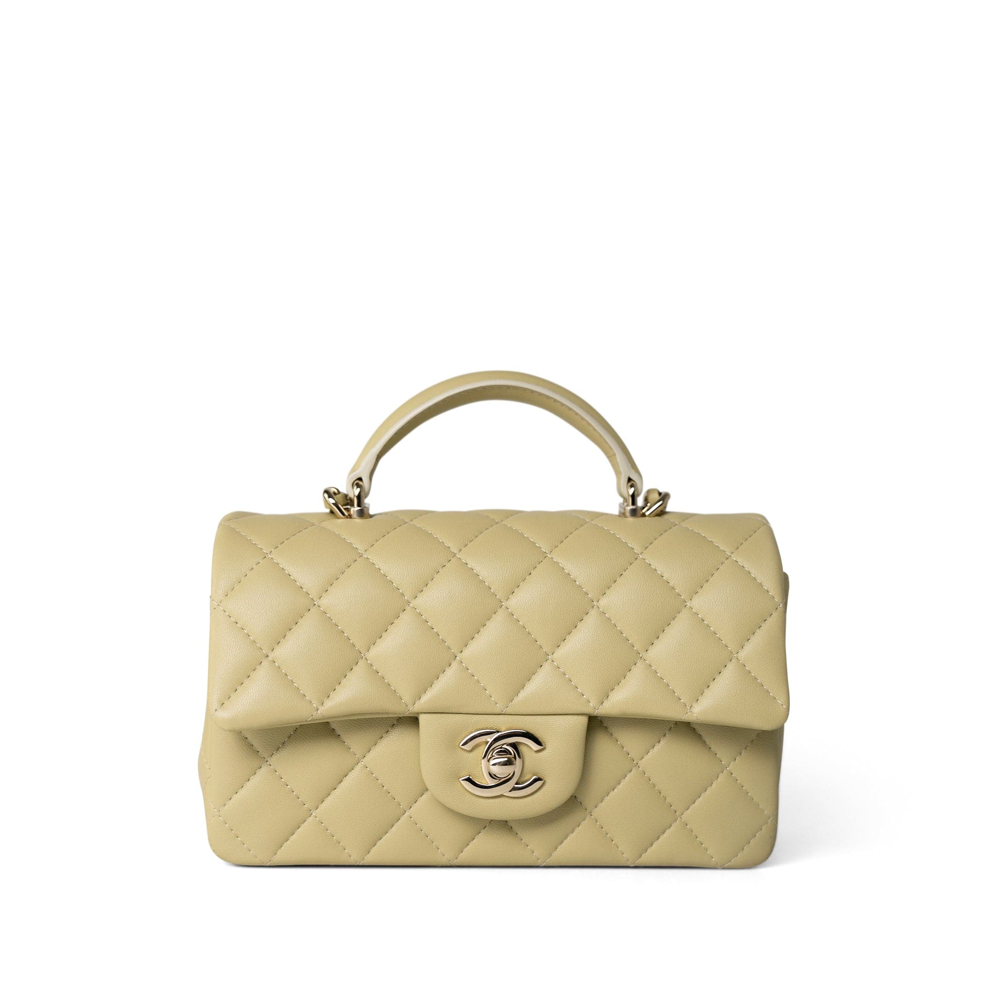 CHANEL Handbag Beige Pastel Yellow Lambskin Quilted Mini Top Handle Light Gold Hardware - Redeluxe