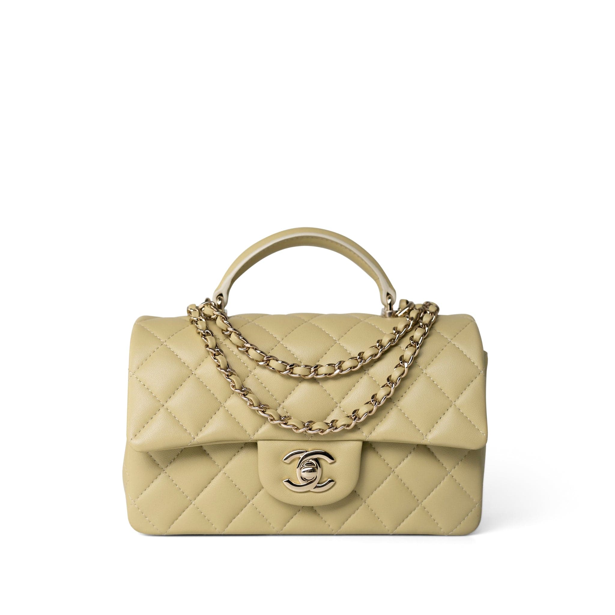 CHANEL Handbag Beige Pastel Yellow Lambskin Quilted Mini Top Handle Light Gold Hardware - Redeluxe