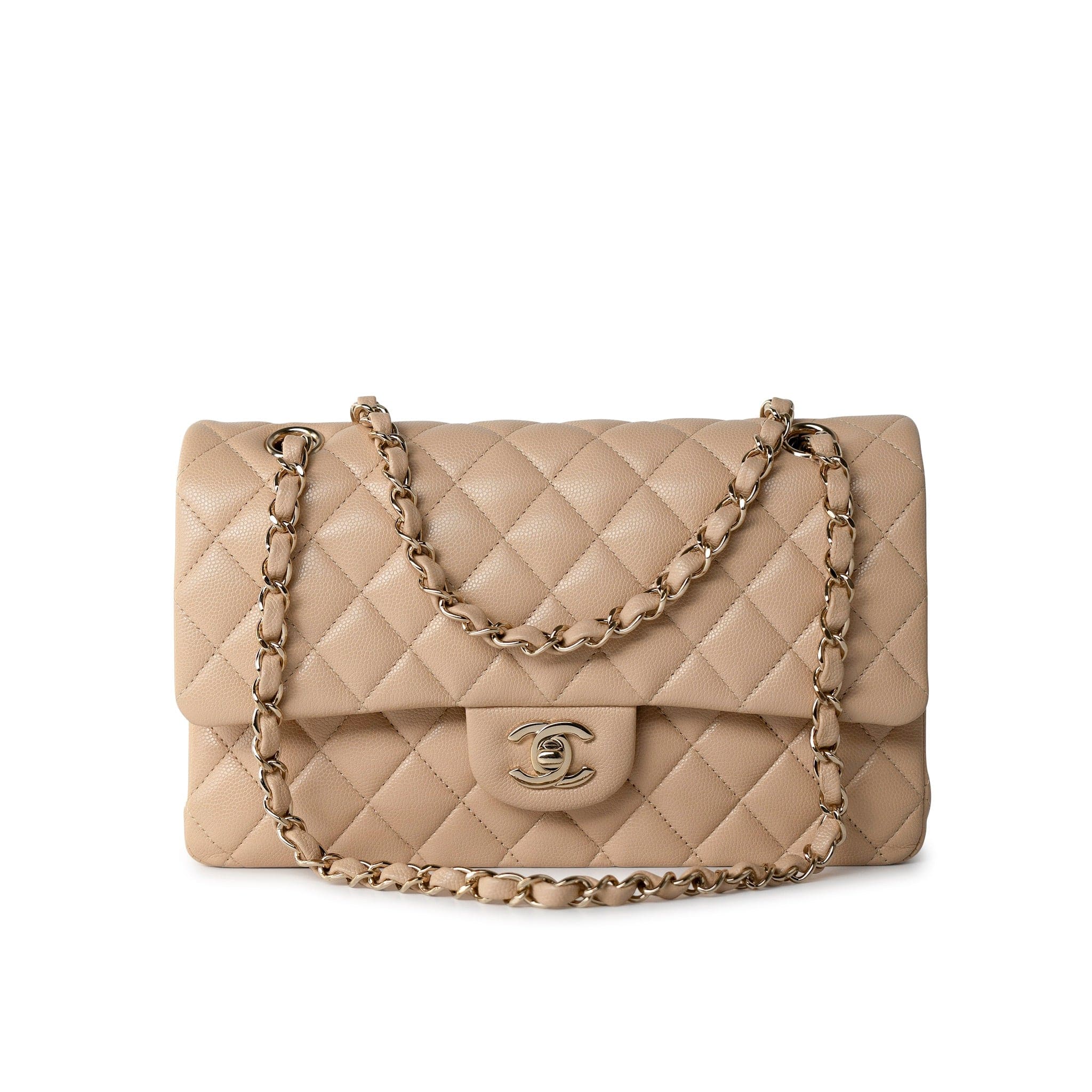 CHANEL Handbag Beige/Tan Caviar Quilted Classic Flap Medium Light Gold Hardware - Redeluxe