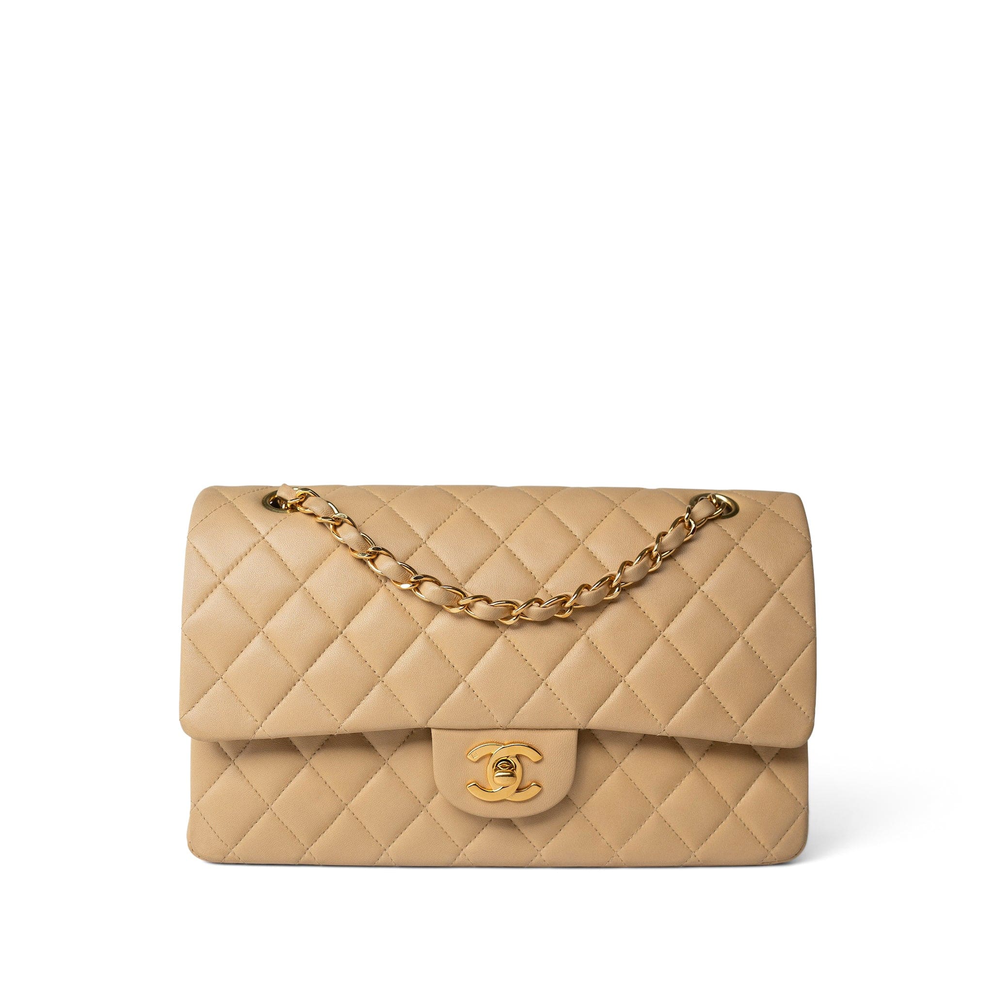 CHANEL Handbag Beige Vintage Beige Lambskin Quilted Classic Flap Medium Gold Hardware - Redeluxe