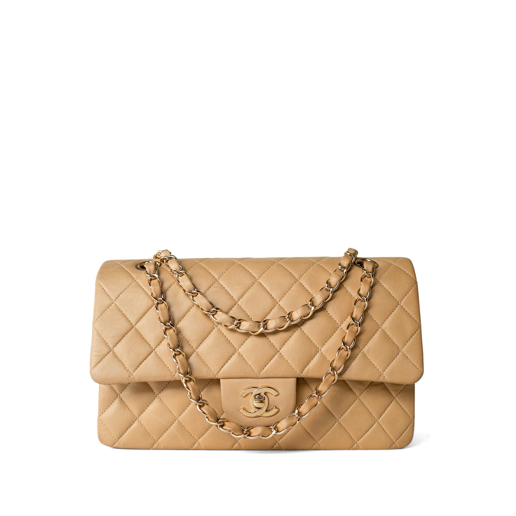 CHANEL Handbag Beige Vintage Beige Lambskin Quilted Classic flap Medium Gold Hardware - Redeluxe