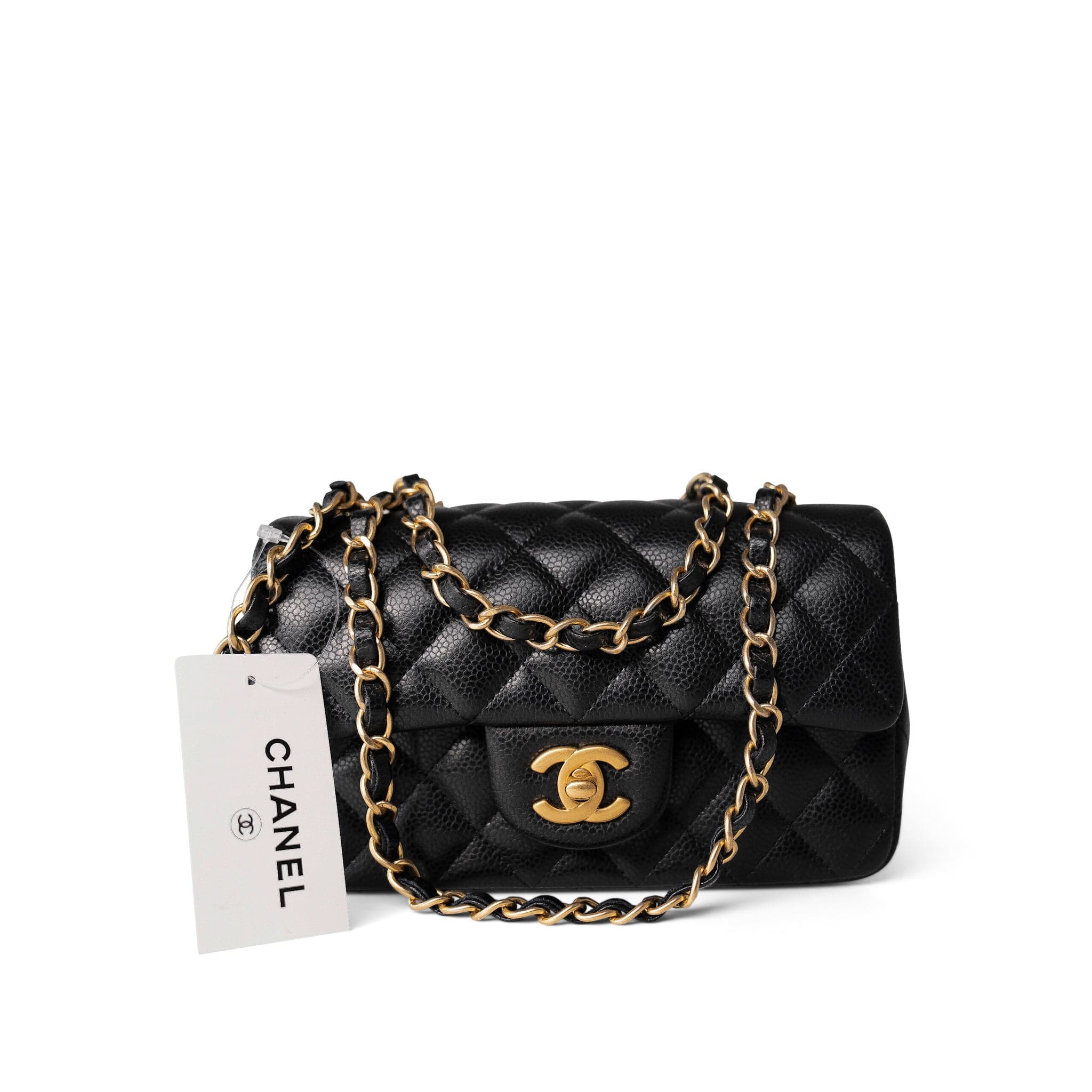 CHANEL Handbag Black 16C Black Caviar Quilted Mini Rectangular Single Flap Antique Gold Hardware - Redeluxe