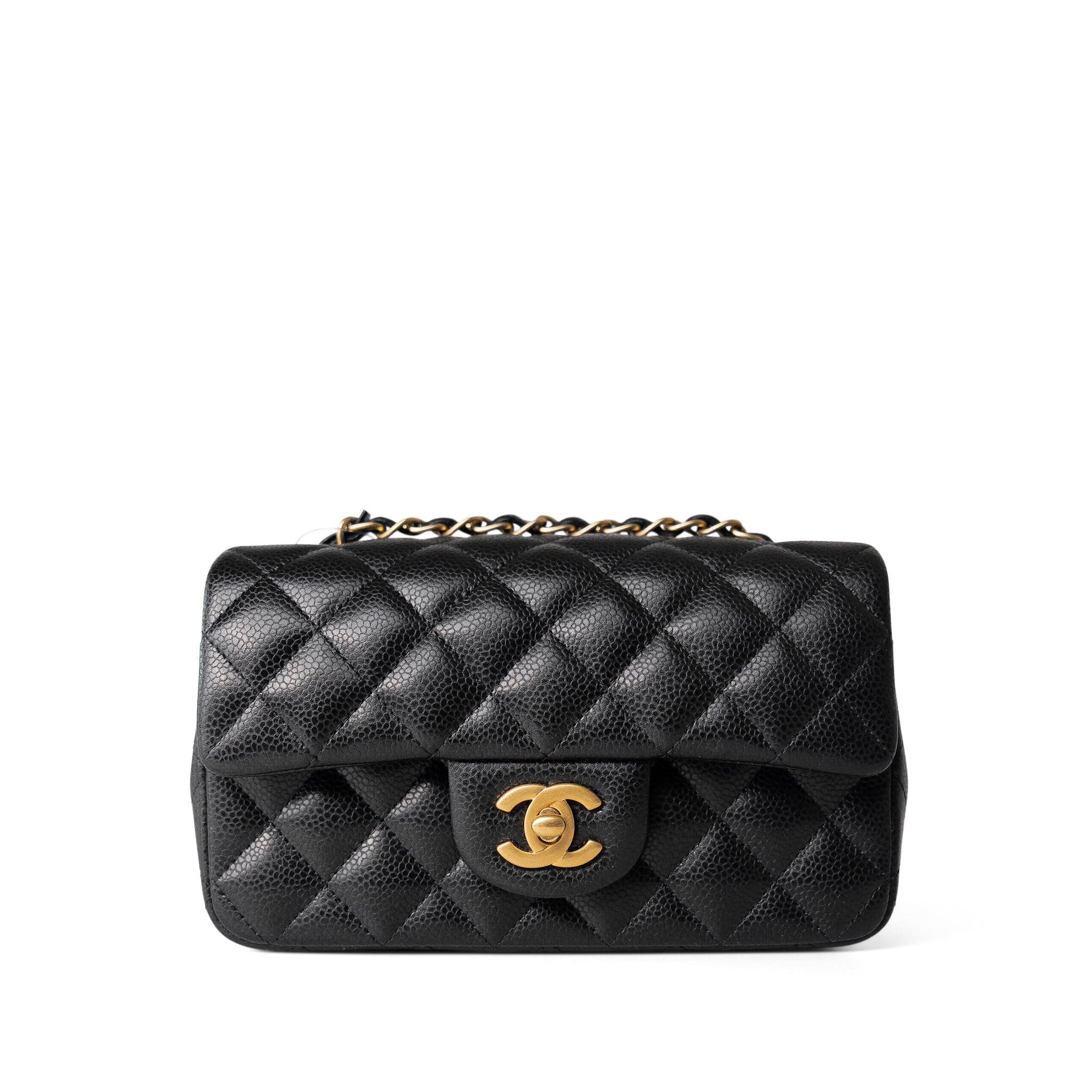 CHANEL Handbag Black 16C Black Caviar Quilted Mini Rectangular Single Flap Antique Gold Hardware - Redeluxe