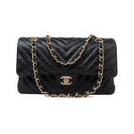 CHANEL Handbag Black 18B Metallic Black Crumpled Calfskin Chevron Classic Flap Medium Aged Gold Hardware - Redeluxe