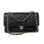 CHANEL Handbag Black 18B Metallic Black Crumpled Calfskin Chevron Classic Flap Medium Aged Gold Hardware - Redeluxe