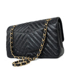 CHANEL Handbag Black 18B Metallic Black Crumpled Calfskin Chevron Classic Flap Medium Aged Gold Hardware - Redeluxe