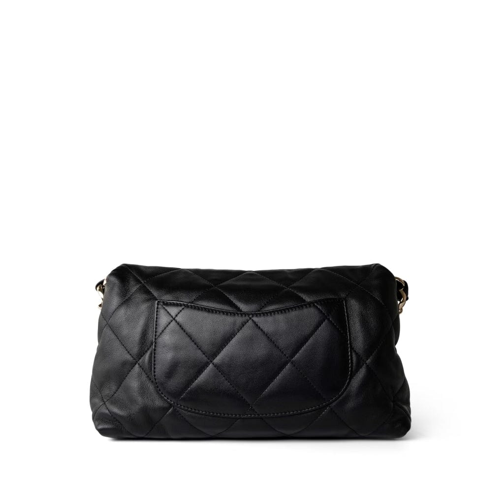 CHANEL Handbag Black 21C Black Lambskin Quilted Chanel Chain Single Flap Shoulder Bag Light Gold Hardware - Redeluxe