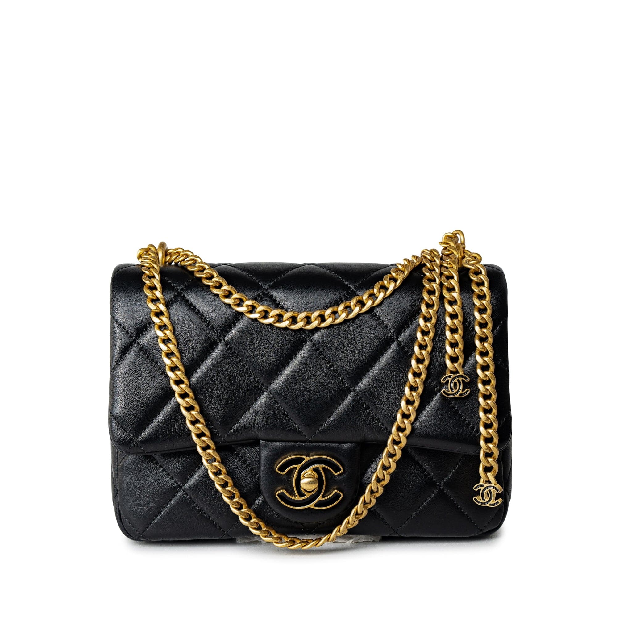 CHANEL Handbag Black 22P Enamel Quilted Pending CC Small Square Flap Black Lambskin - Redeluxe