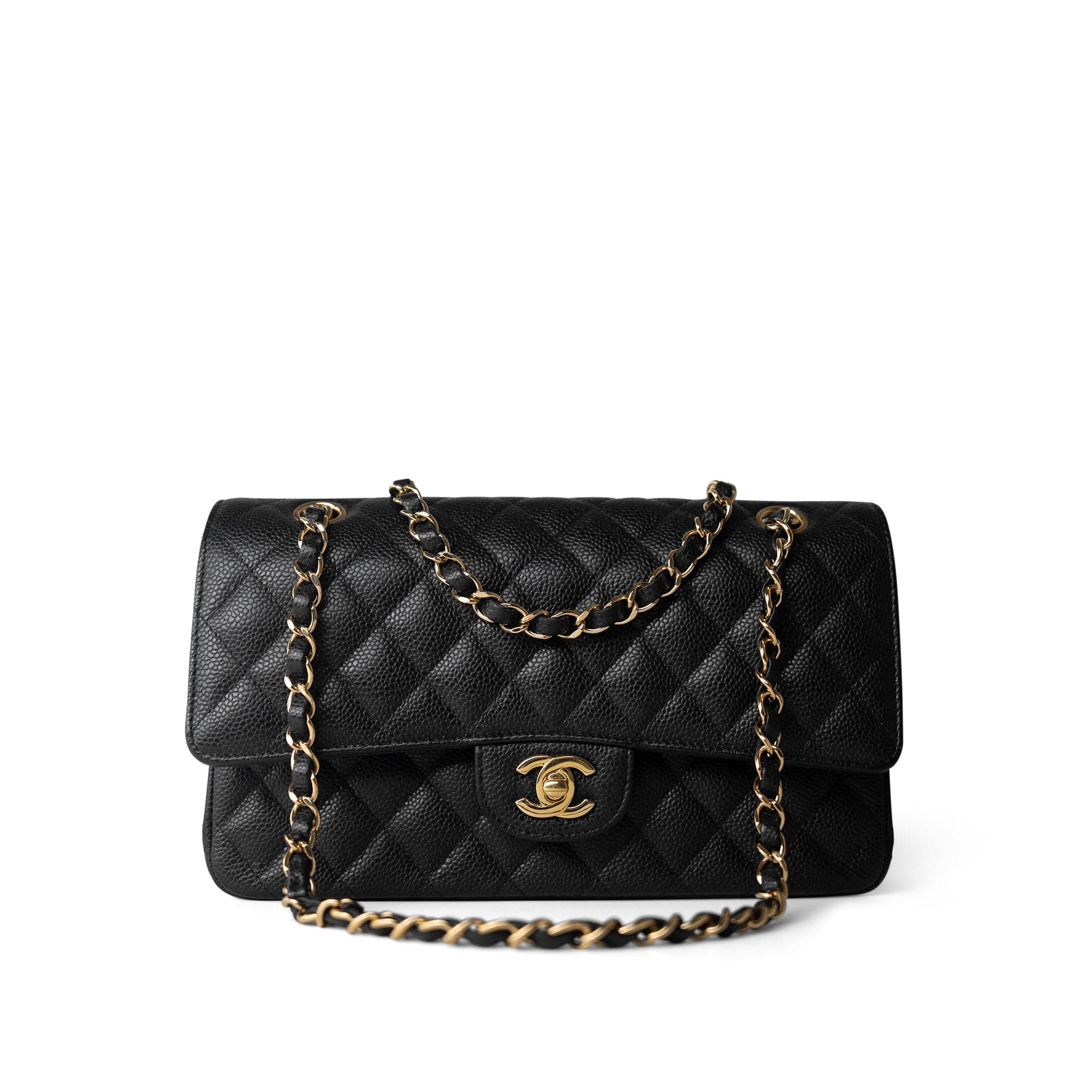 CHANEL Handbag Black Black Caviar Quilted Classic Flap Medium Gold Hardware - Redeluxe