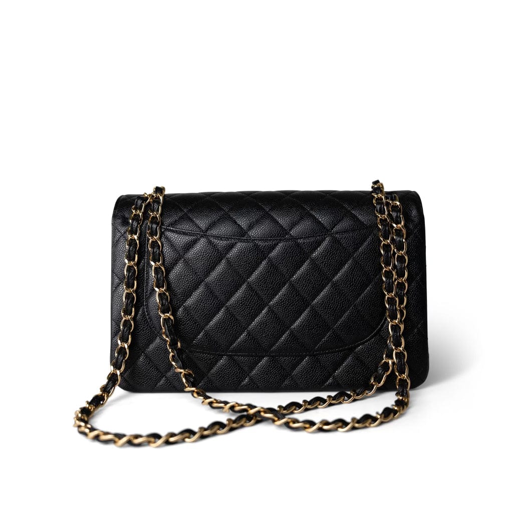 CHANEL Handbag Black Black Caviar Quilted Jumbo Classic Flap Gold Hardware - Redeluxe