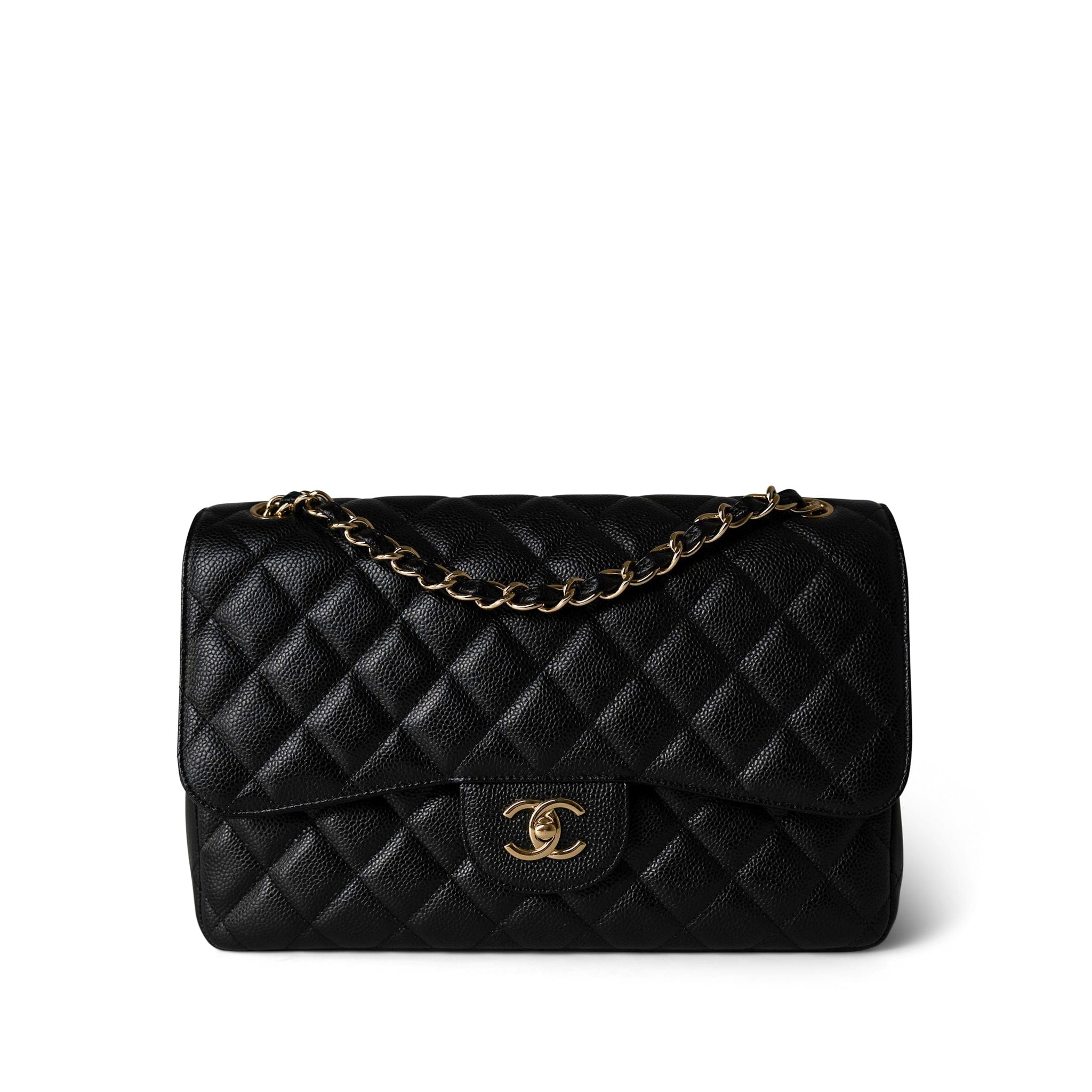 CHANEL Handbag Black Black Caviar Quilted Jumbo Classic Flap Gold Hardware - Redeluxe