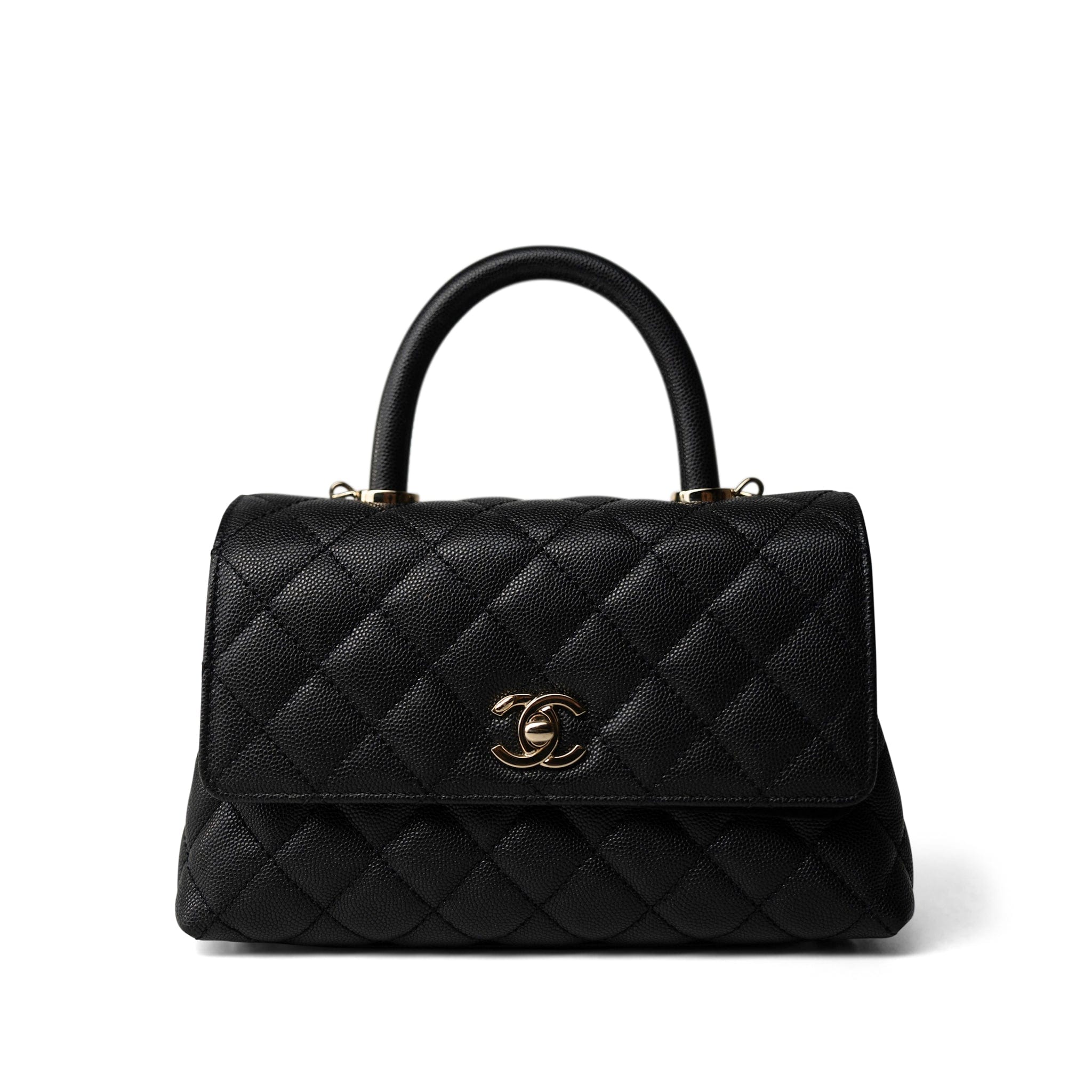 CHANEL Handbag Black Black Caviar Quilted Mini Coco Handle Light Gold Hardware - Redeluxe