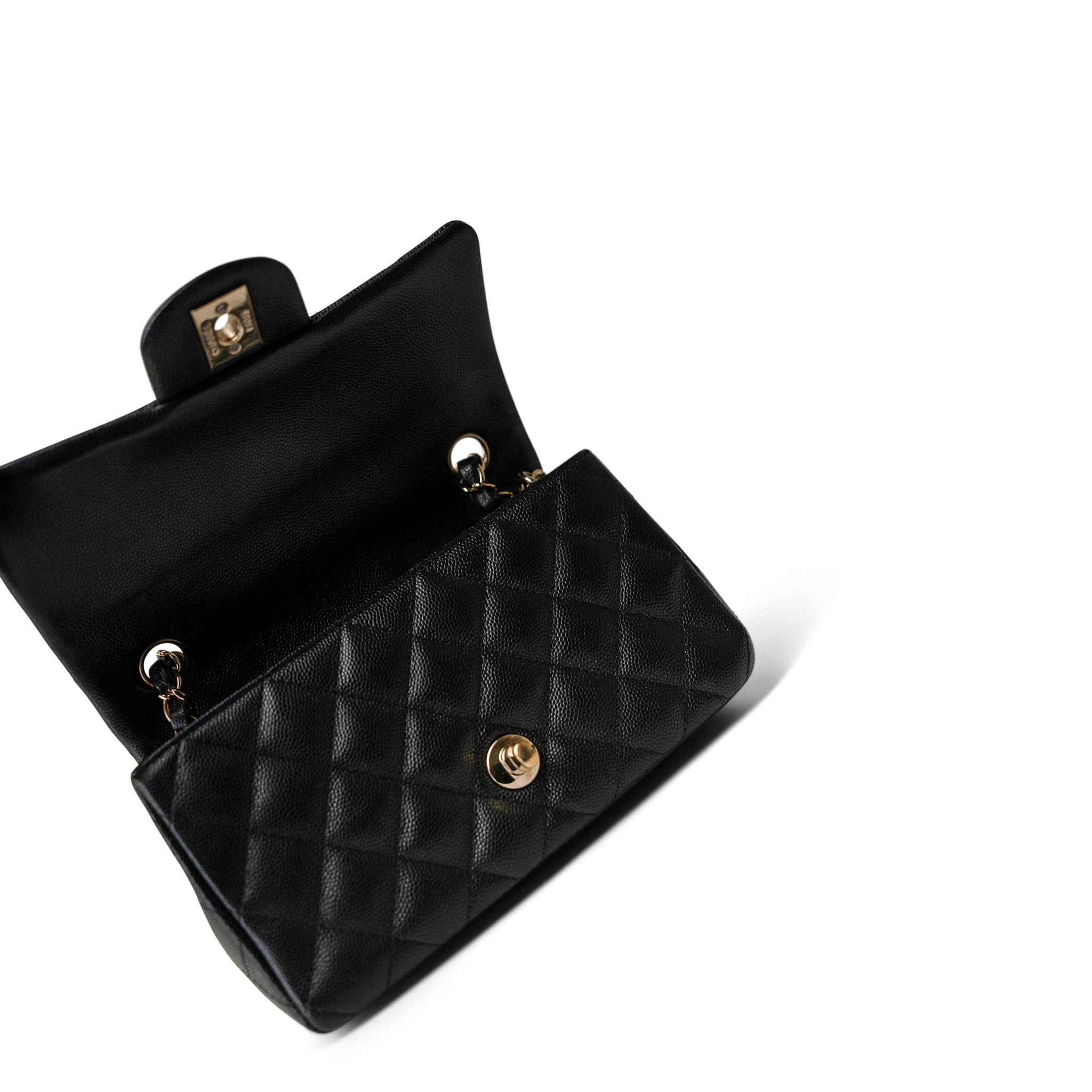 CHANEL Handbag Black Black Caviar Quilted Mini Rectangular Flap Gold Hardware - Redeluxe