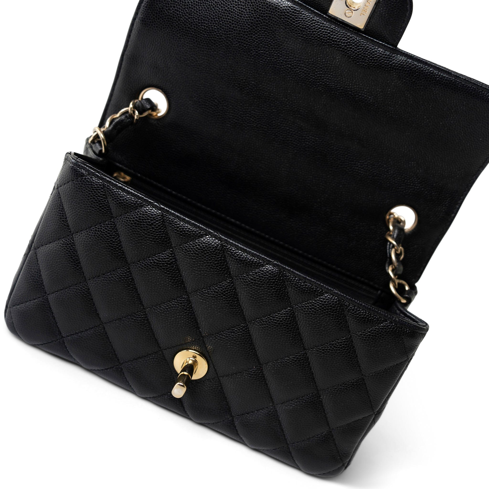 CHANEL Handbag Black Black Caviar Quilted Mini Rectangular Flap Light Gold Hardware - Redeluxe