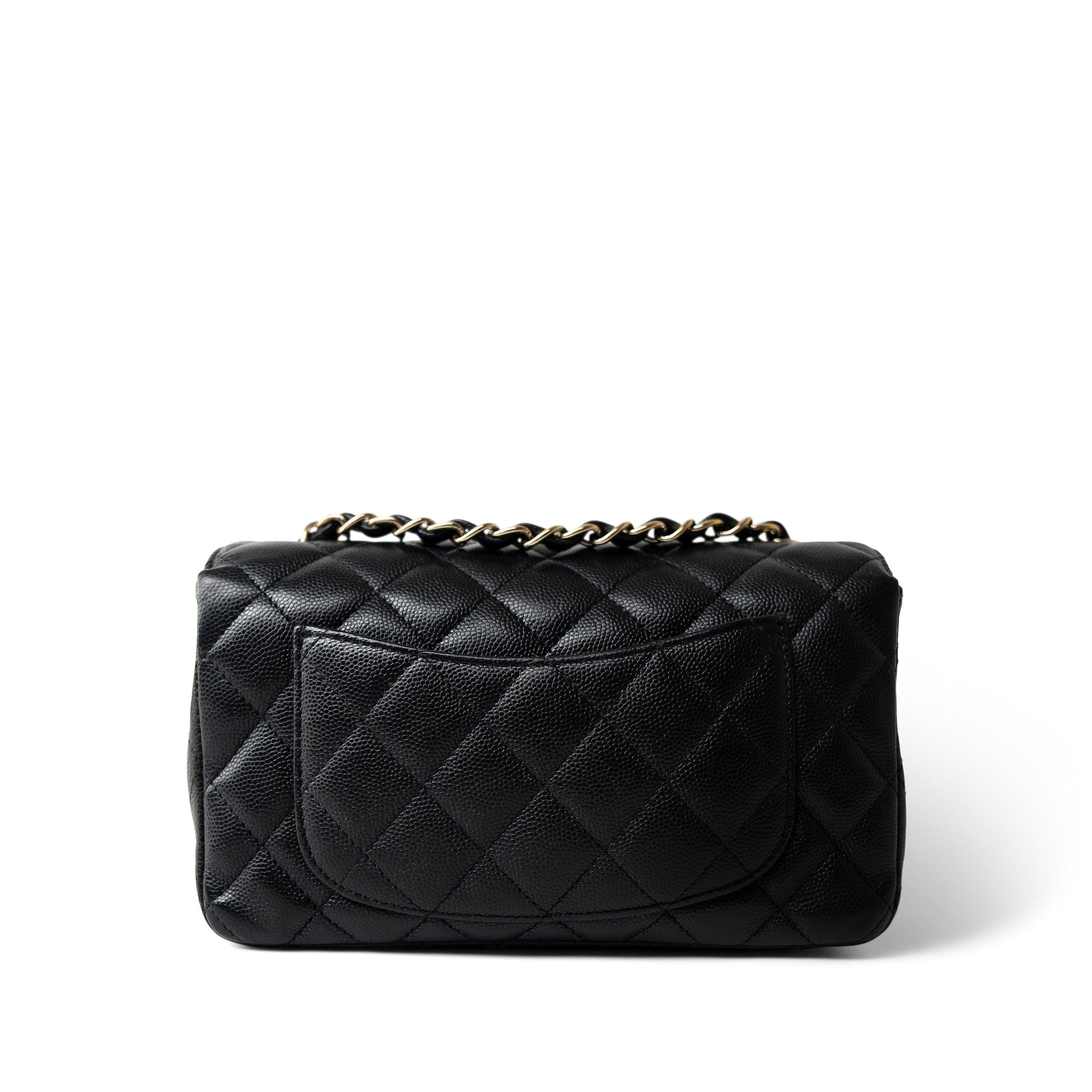 CHANEL Handbag Black Black Caviar Quilted Mini Rectangular Flap Light Gold Hardware - Redeluxe