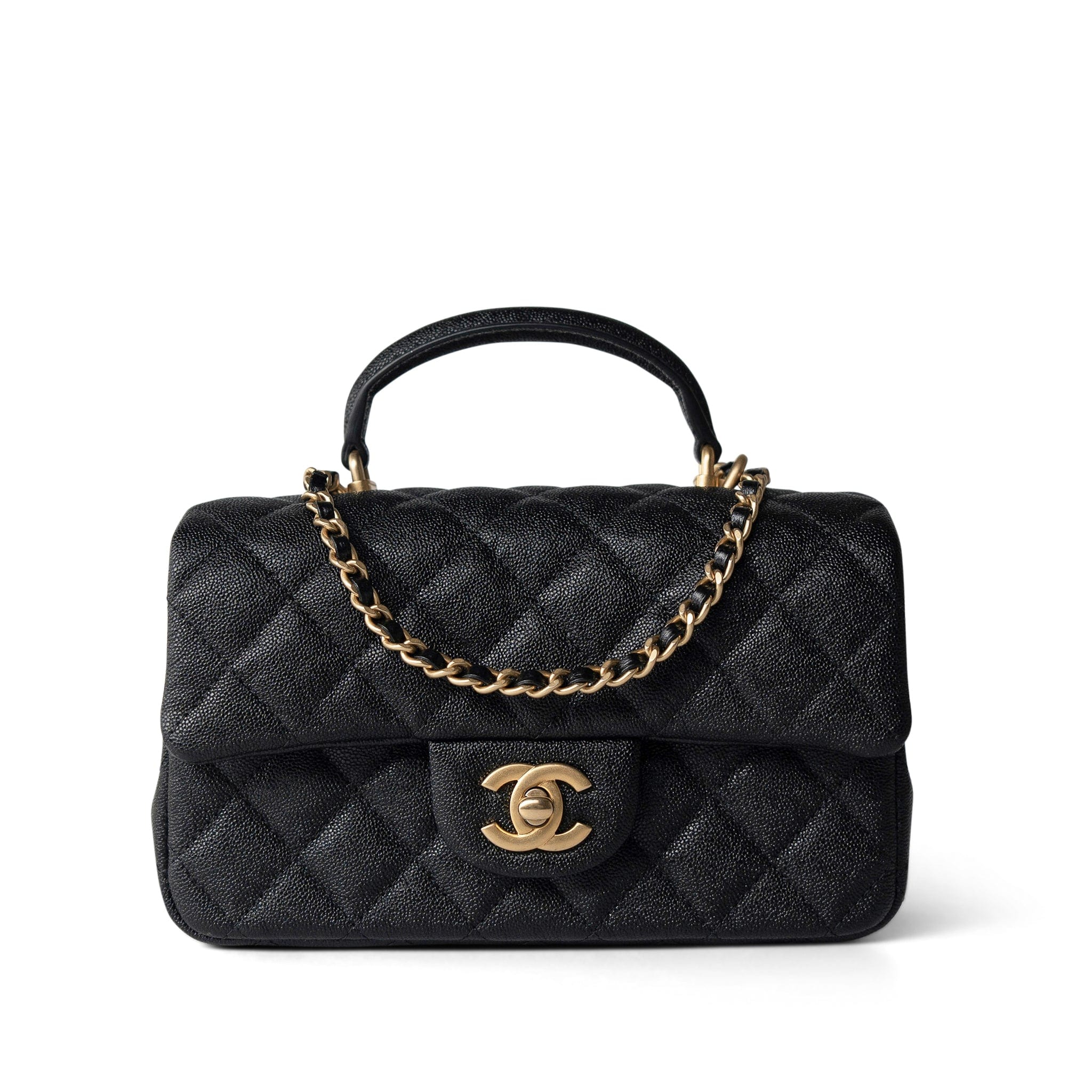 CHANEL Handbag Black Black Caviar Quilted Mini Top Handle Antique Gold Hardware - Redeluxe