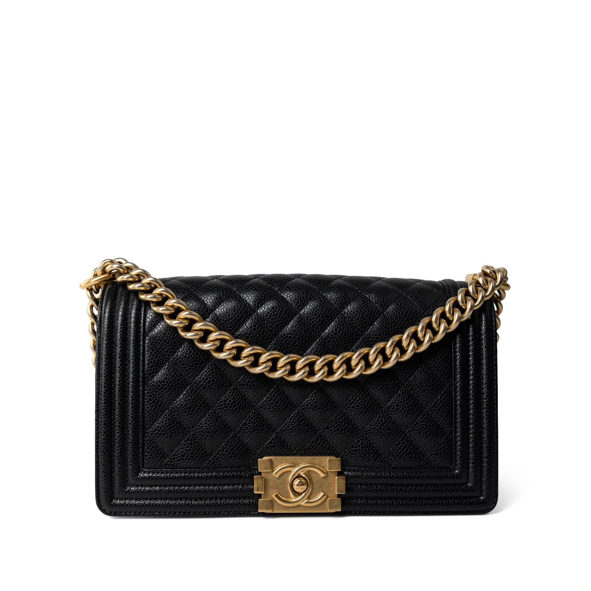 CHANEL Handbag Black Black Caviar Quilted Old Medium Boy Bag Aged Gold Hardware - Redeluxe