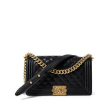 CHANEL Handbag Black Black Caviar Quilted Old Medium Boy Bag Aged Gold Hardware - Redeluxe