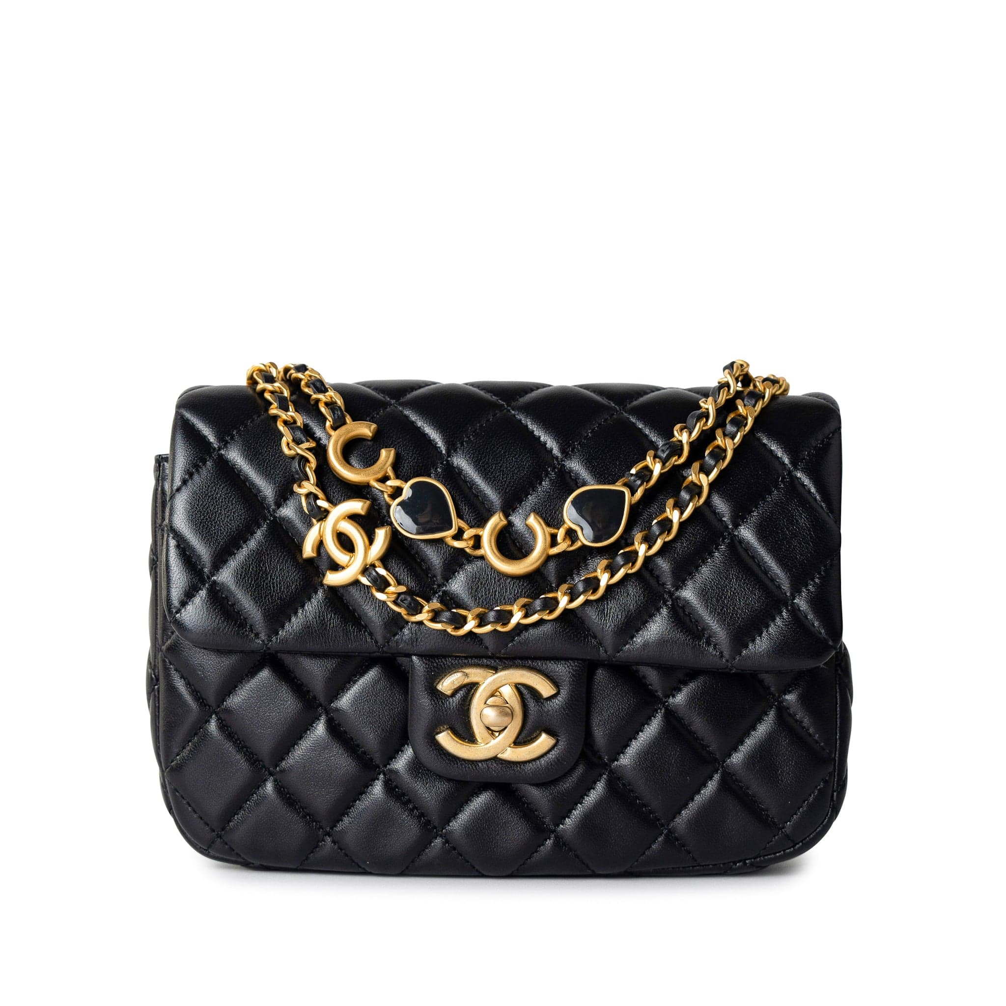 CHANEL Handbag Black Black Coco De Toi Heart Chain Small Square Flap Bag Antique Gold Hardware - Redeluxe