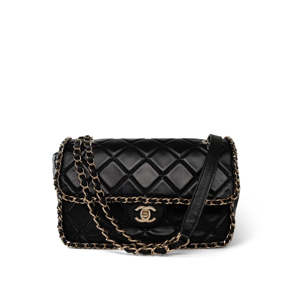 CHANEL Handbag Black Black Crumpled Calfskin Medium Chain Around Flap Bag Light Gold Hardware - Redeluxe