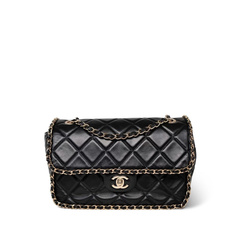 CHANEL Handbag Black Black Crumpled Calfskin Medium Chain Around Flap Bag Light Gold Hardware - Redeluxe