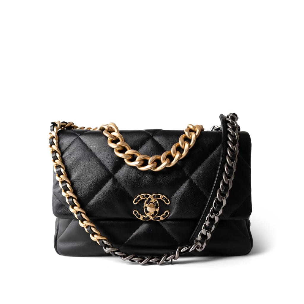 CHANEL Handbag Black Black Lambskin Quilted 19 Flap Medium/Large Mixed Hardware - Redeluxe