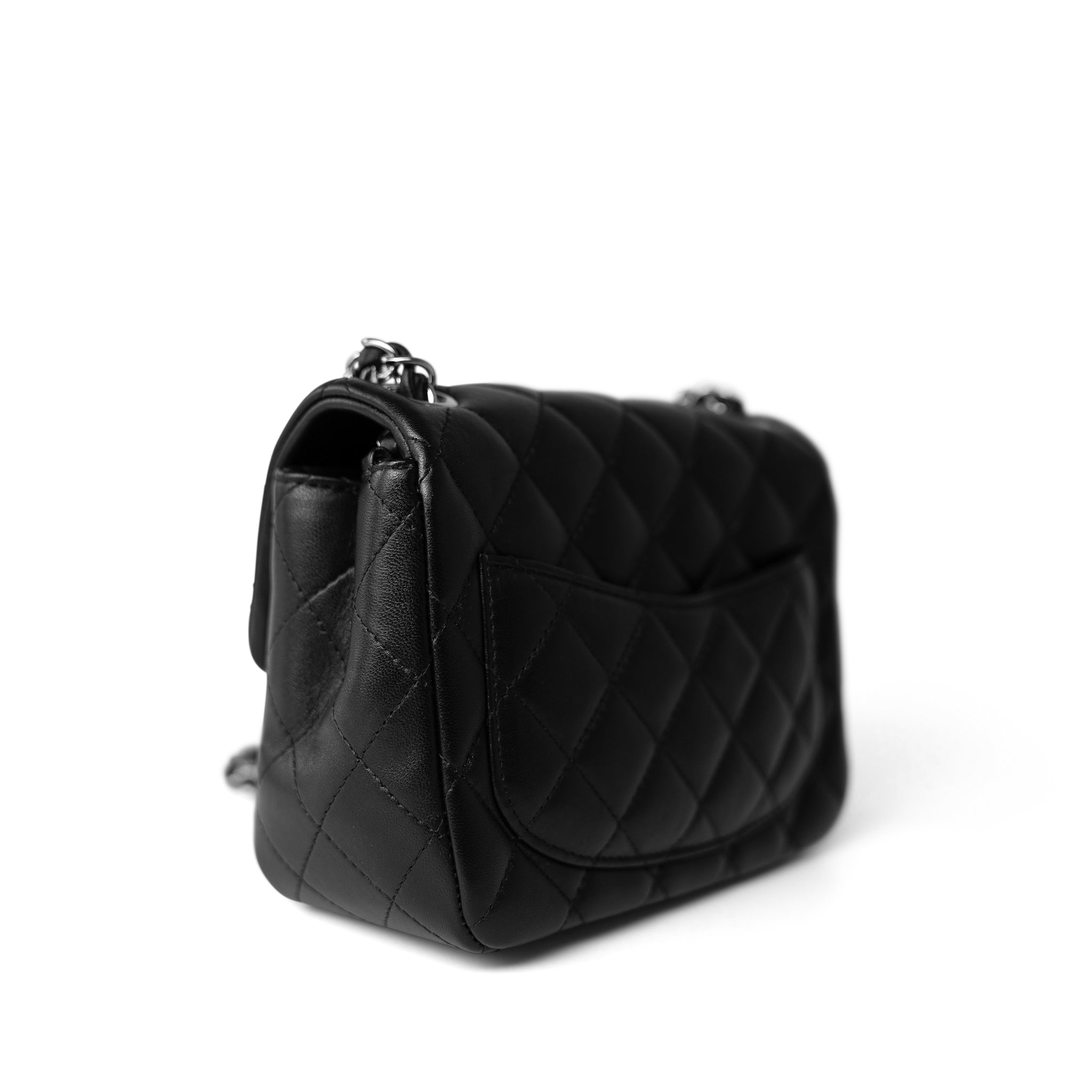 CHANEL Handbag Black Black Lambskin Quilted Mini Square Flap Silver Hardware - Redeluxe