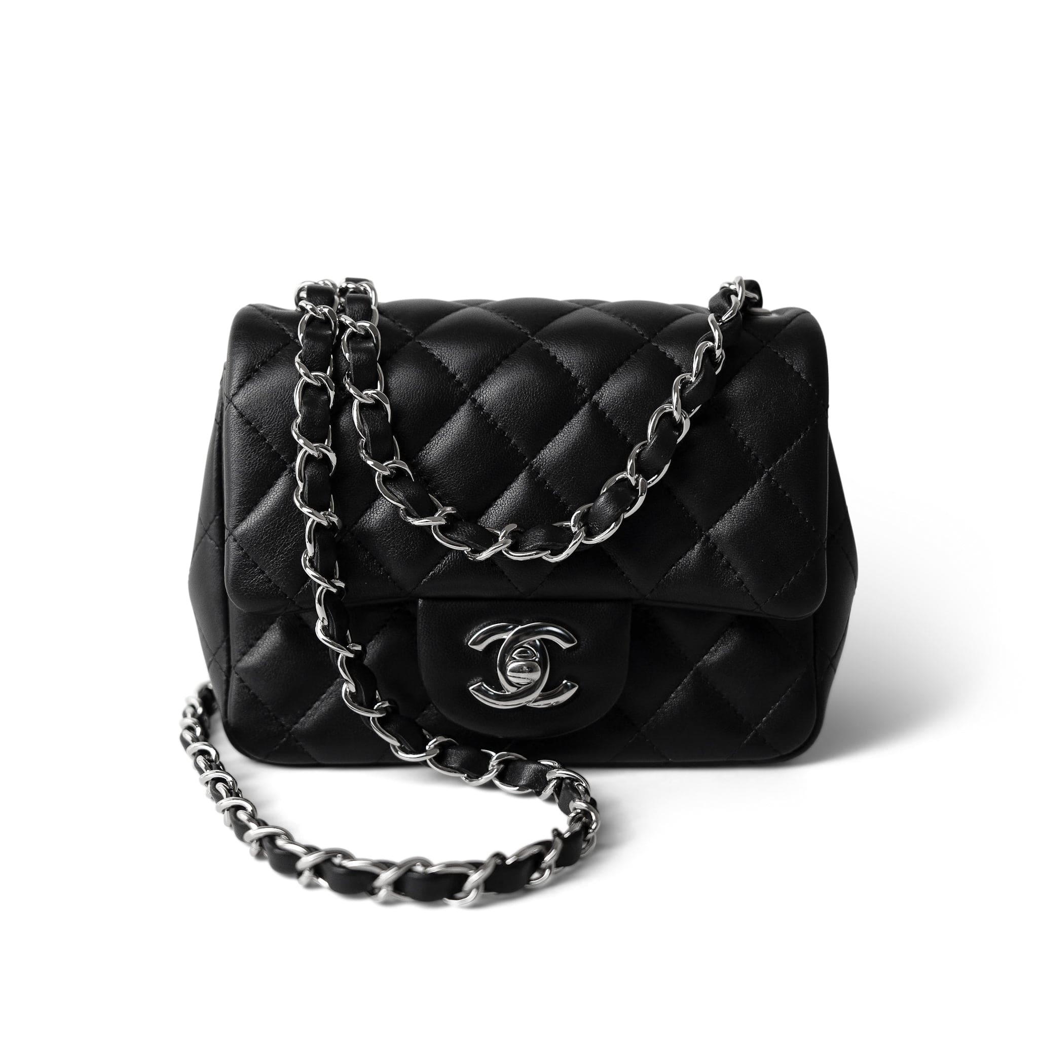 Black Lambskin Quilted Mini Square Flap Silver Hardware