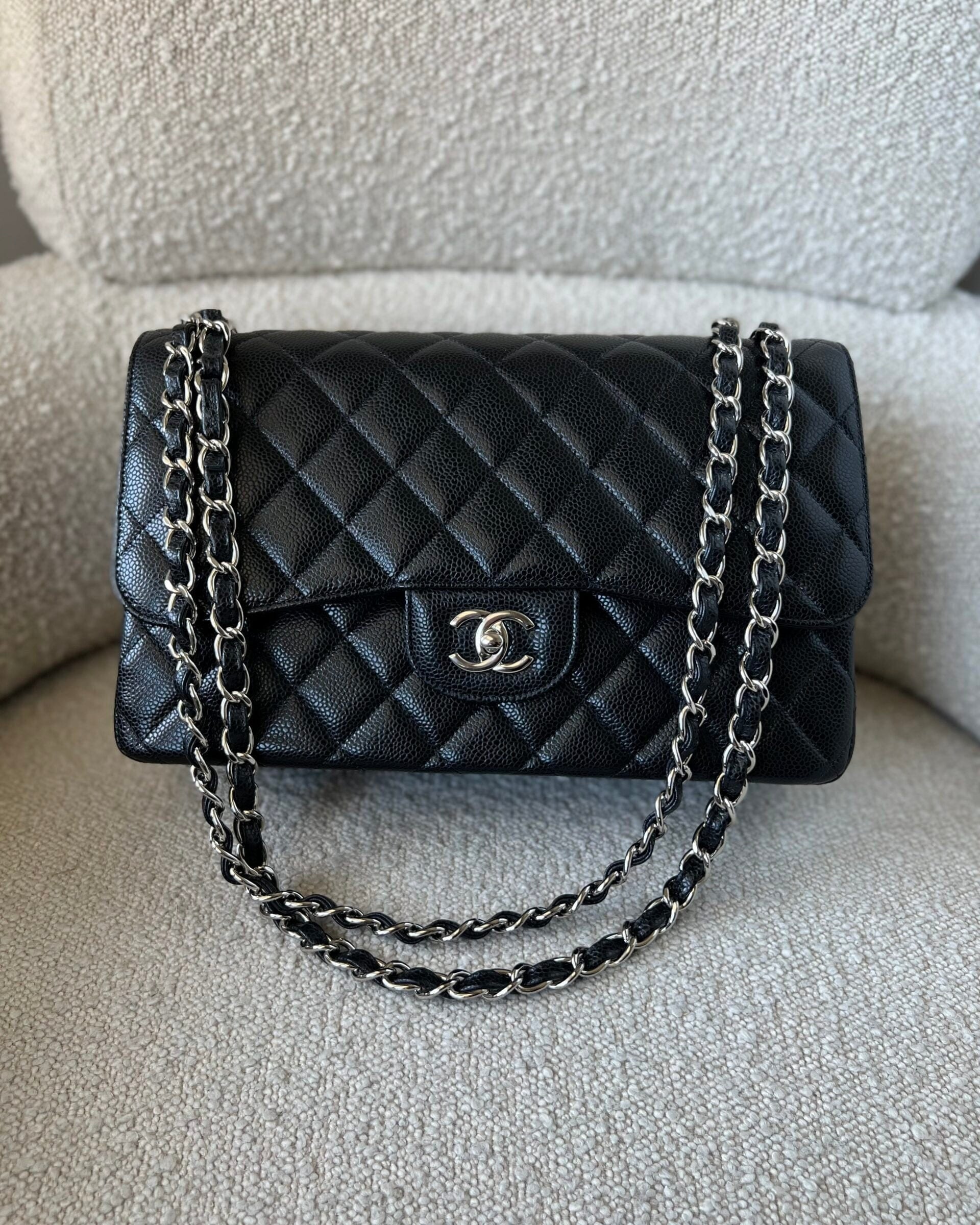 CHANEL Handbag Black Caviar Quilted Jumbo Classic Flap Silver Hardware - Redeluxe