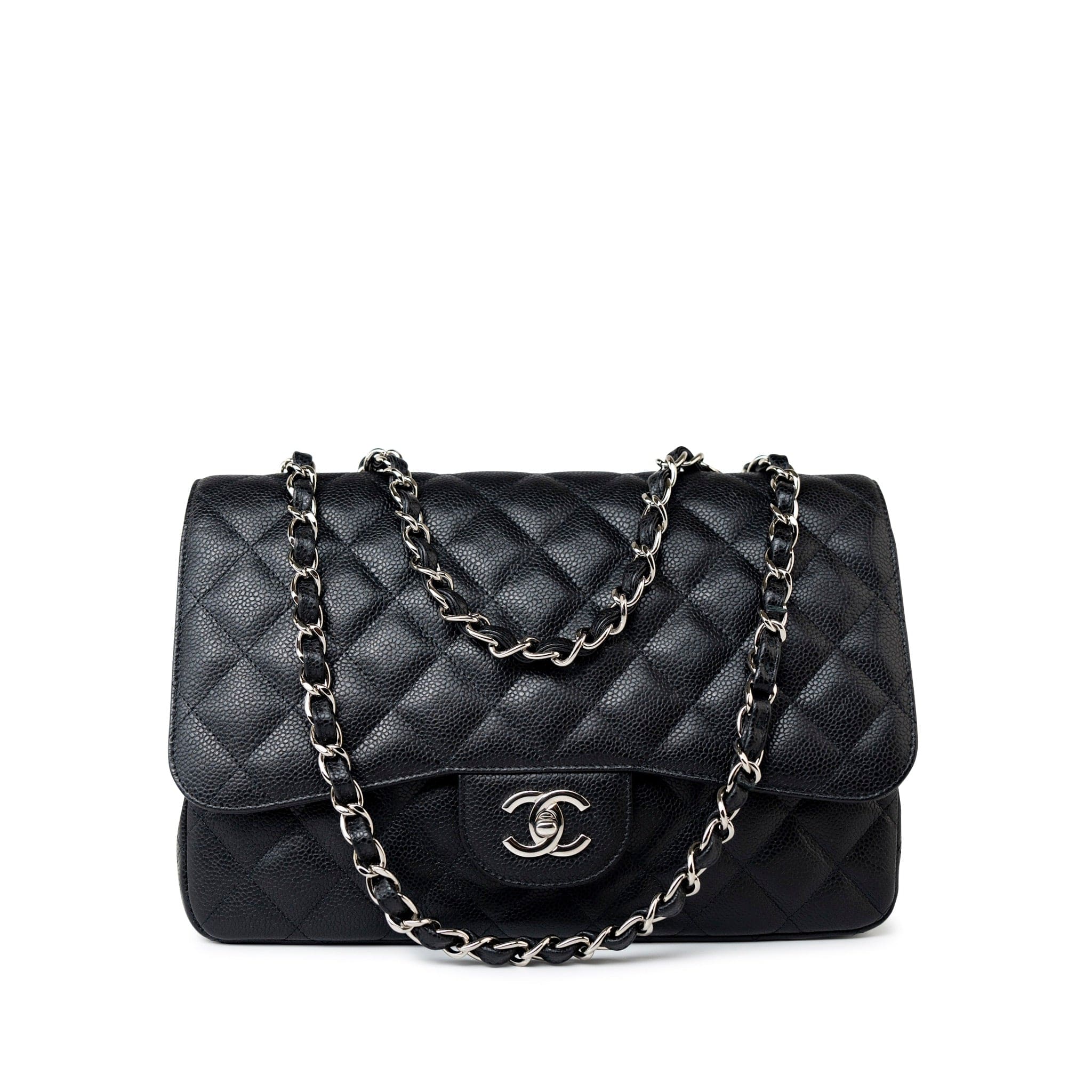 CHANEL Handbag Black Caviar Quilted Jumbo Single Flap Silver Hardware - Redeluxe