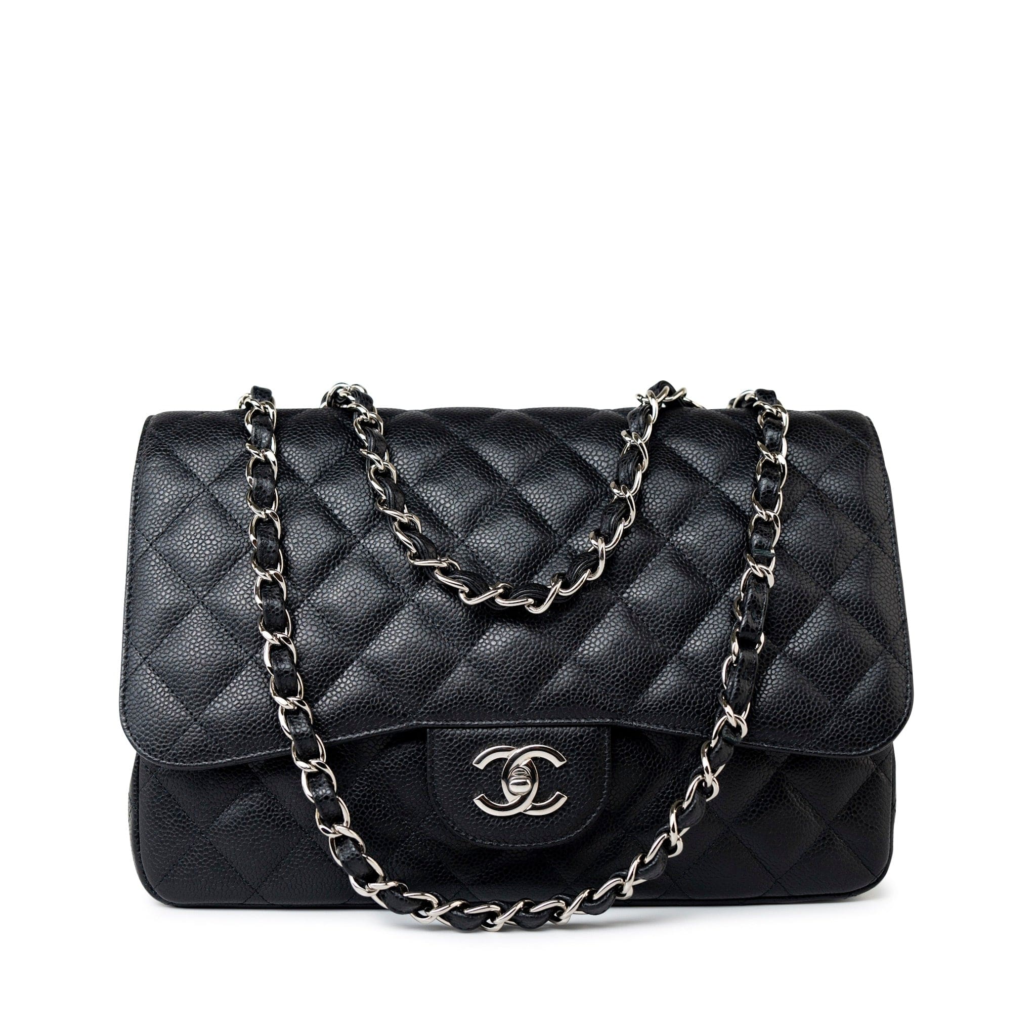 CHANEL Handbag Black Caviar Quilted Jumbo Single Flap Silver Hardware - Redeluxe