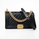 CHANEL Handbag Black Caviar Quilted Old Medium Boy Bag Aged Gold Hardware - Redeluxe