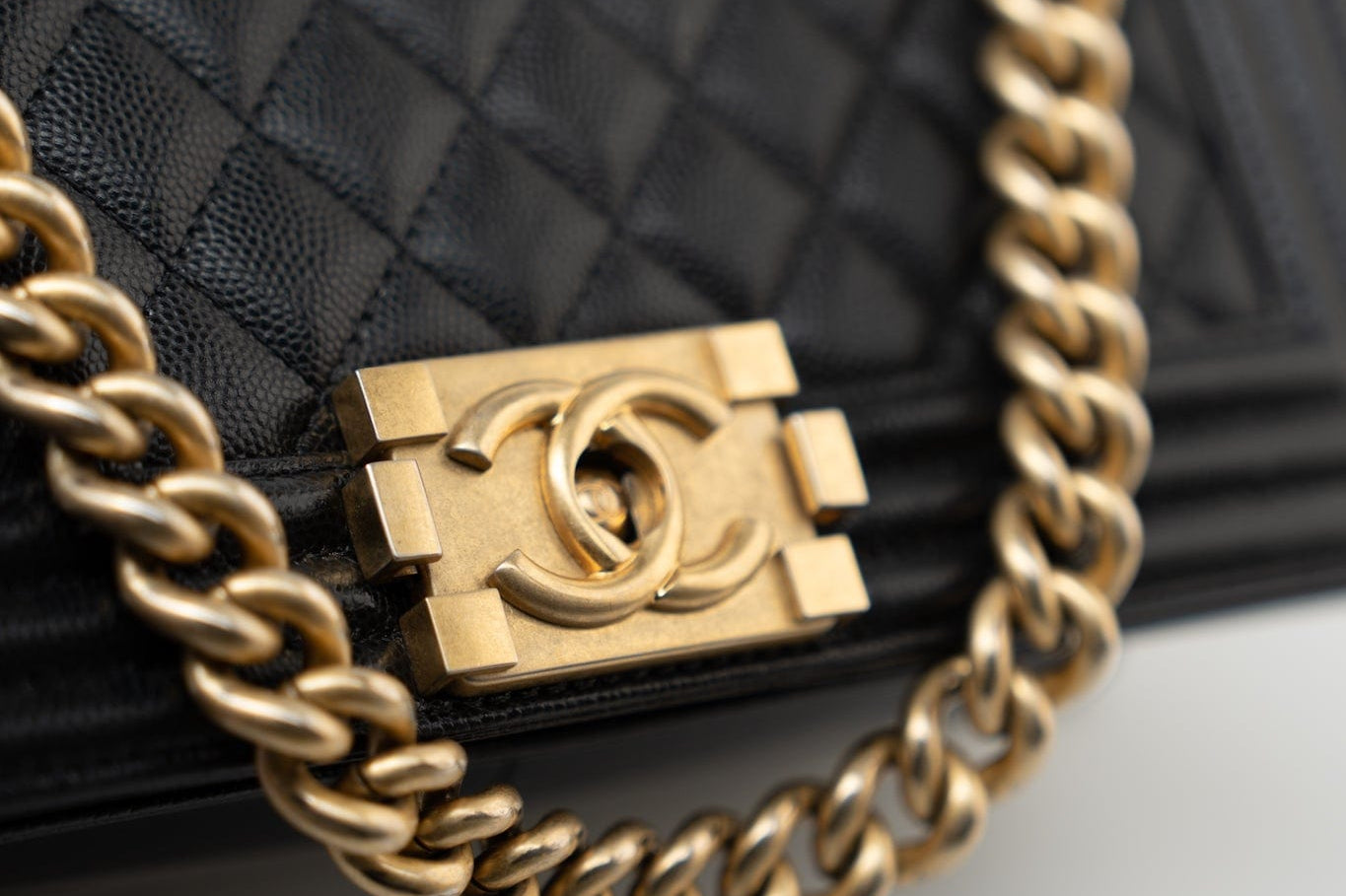 CHANEL Handbag Black Caviar Quilted Old Medium Boy Bag Aged Gold Hardware - Redeluxe