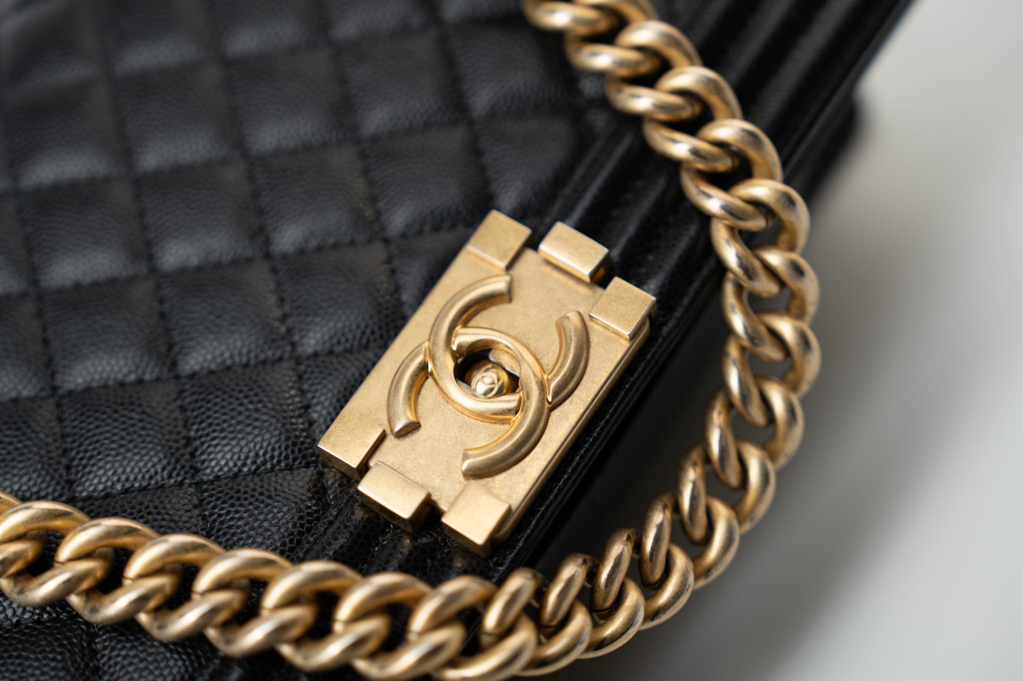 CHANEL Handbag Black Caviar Quilted Old Medium Boy Bag Aged Gold Hardware - Redeluxe