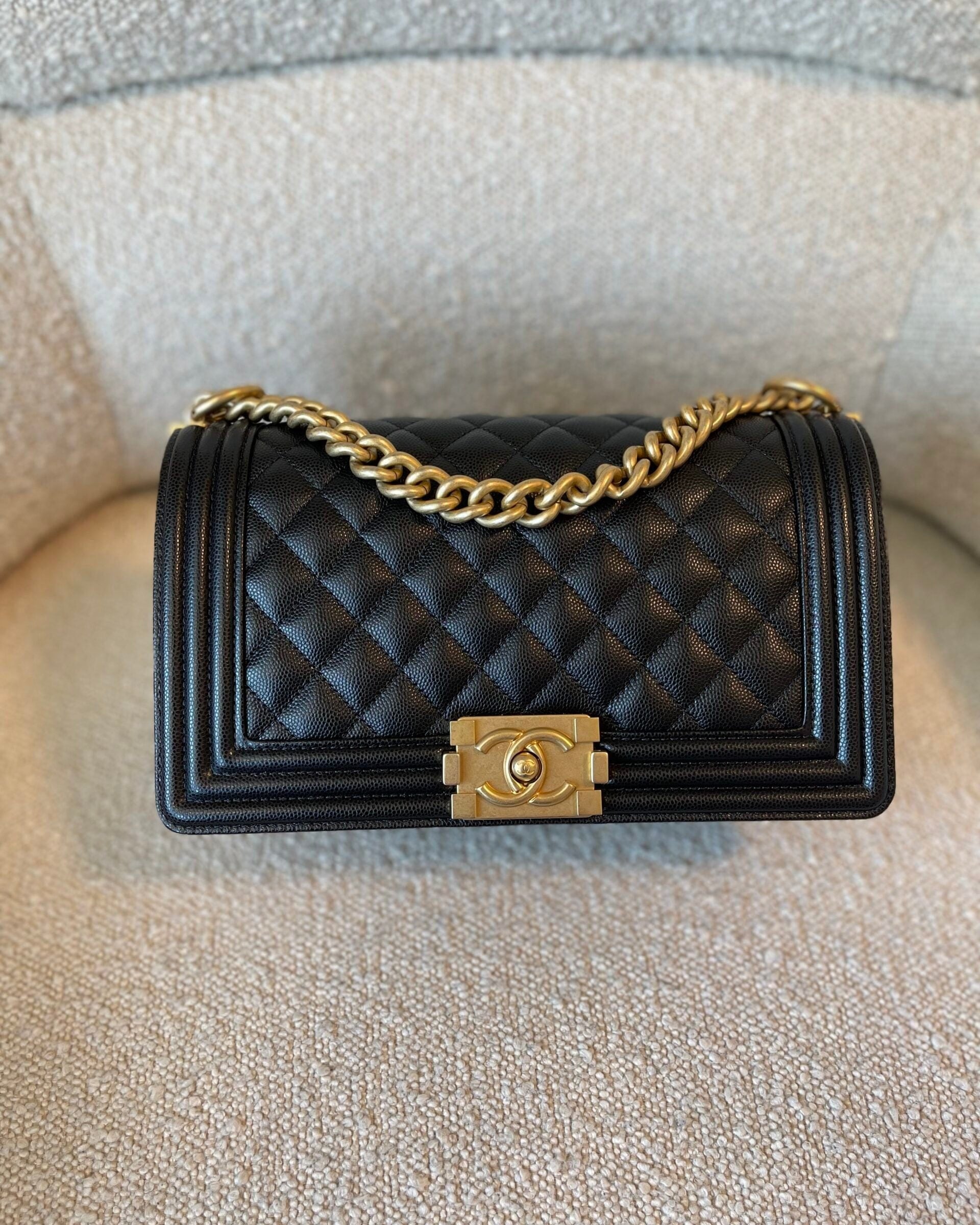 CHANEL Handbag Black Caviar Quilted Old Medium Boy Bag AGHW - Redeluxe