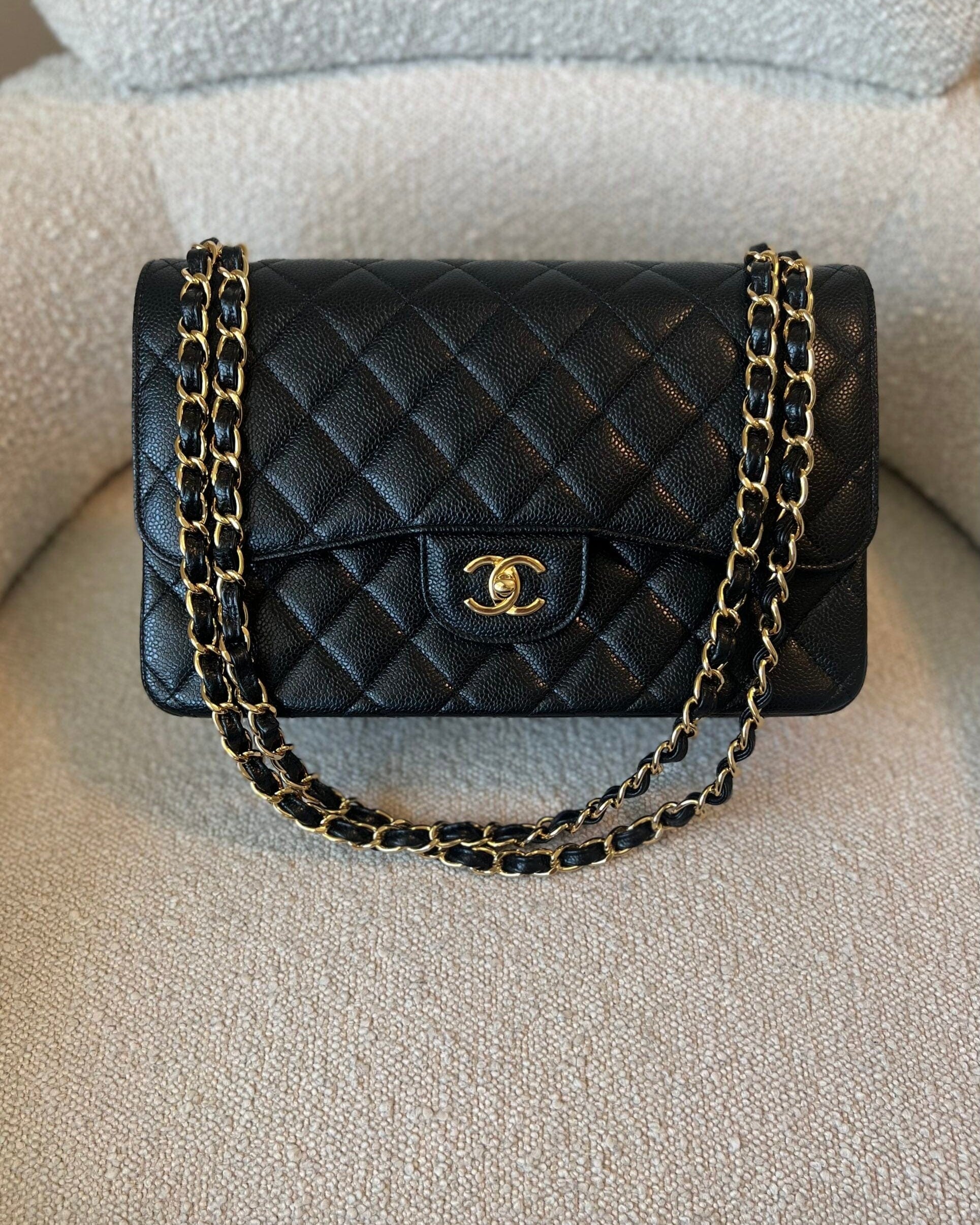 CHANEL Handbag Black Chanel Black Caviar Quilted Jumbo Classic Flap GHW - Redeluxe