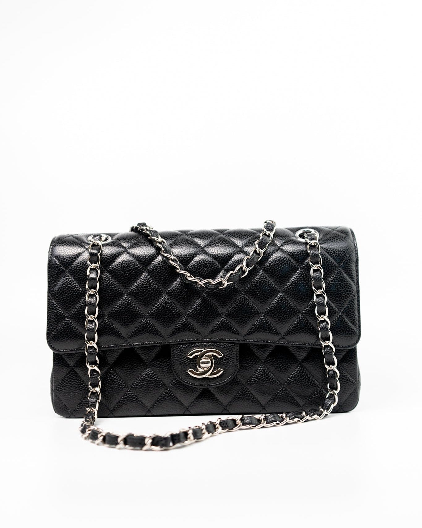 CHANEL Handbag Black Classic Flap Medium Caviar Quilted Silver Hardware - Redeluxe