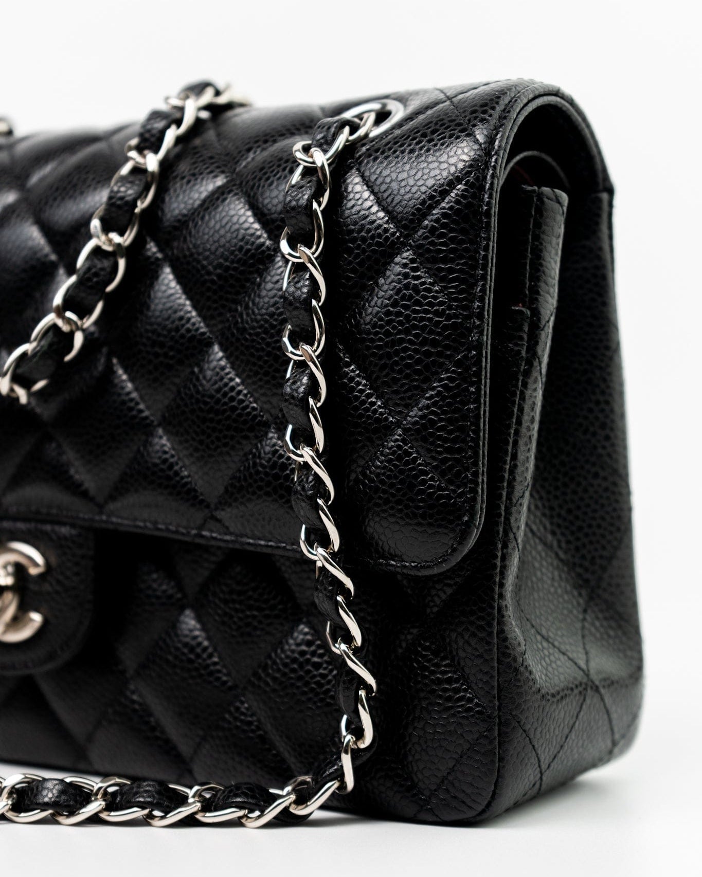 CHANEL Handbag Black Classic Flap Medium Caviar Quilted Silver Hardware - Redeluxe