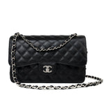 CHANEL Handbag Black Jumbo Caviar Quilted Classic Flap Silver Hardware - Redeluxe