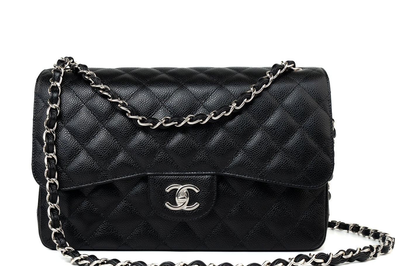 CHANEL Handbag Black Jumbo Caviar Quilted Classic Flap Silver Hardware - Redeluxe