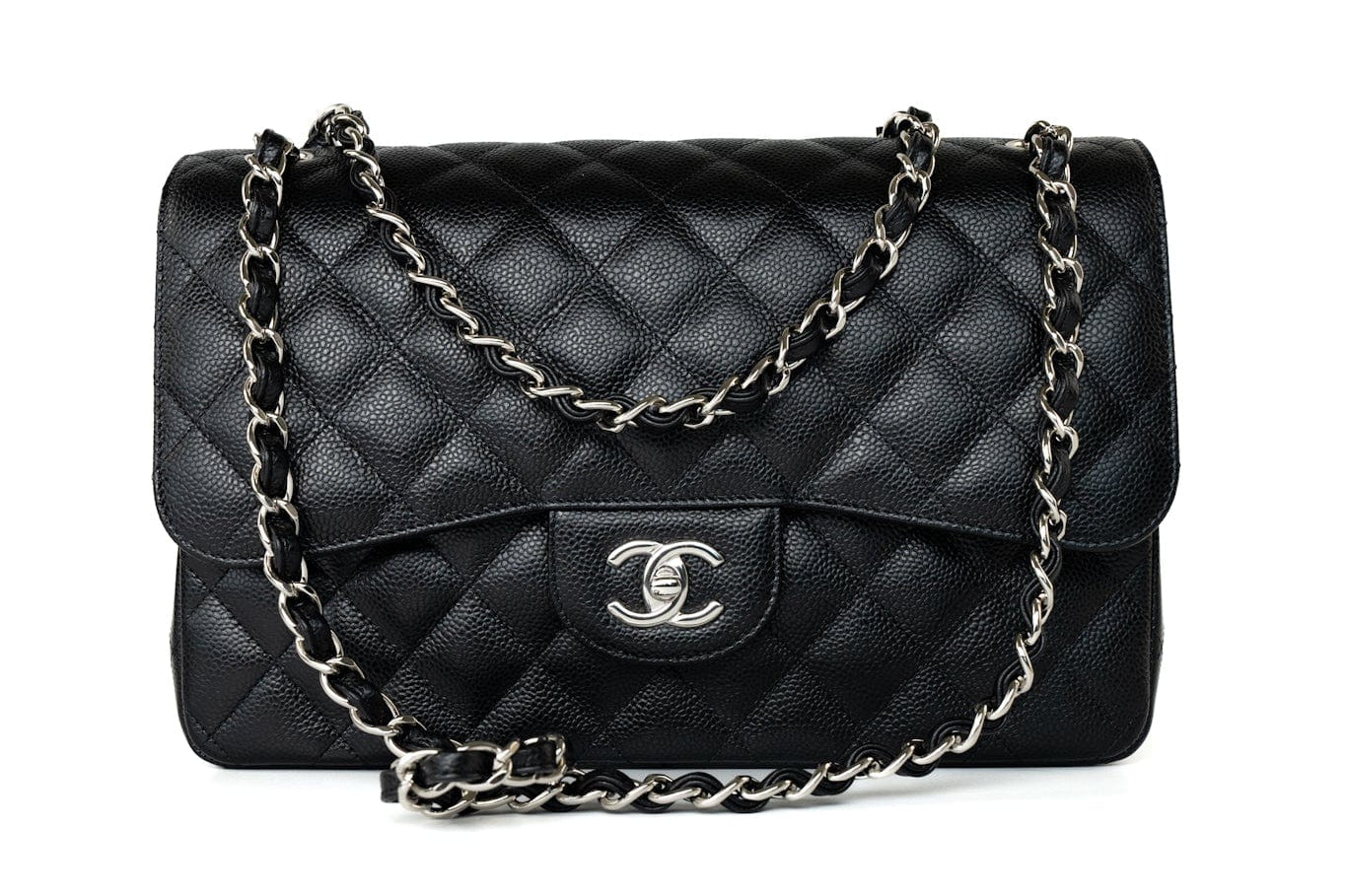 CHANEL Handbag Black Jumbo Caviar Quilted Classic Flap Silver Hardware - Redeluxe