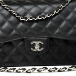 CHANEL Handbag Black Jumbo Caviar Quilted Classic Flap Silver Hardware - Redeluxe