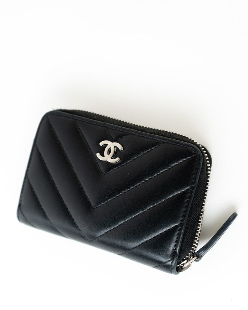 CHANEL Handbag Black Lambskin Chevron Zip Coin Purse Silver Hardware - Redeluxe