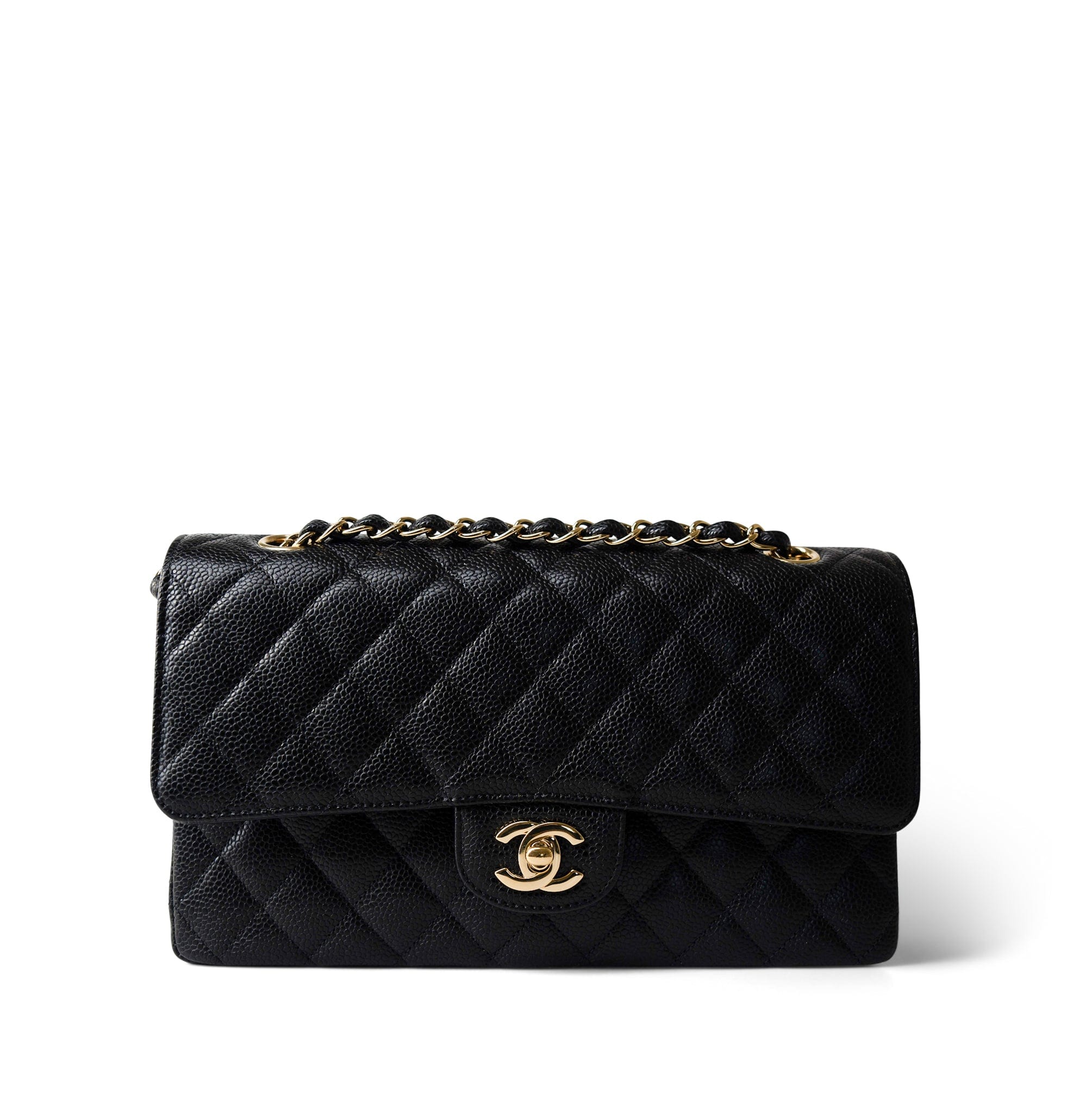 CHANEL Handbag Black Medium Black Caviar Quilted Classic Flap Gold Hardware - Redeluxe