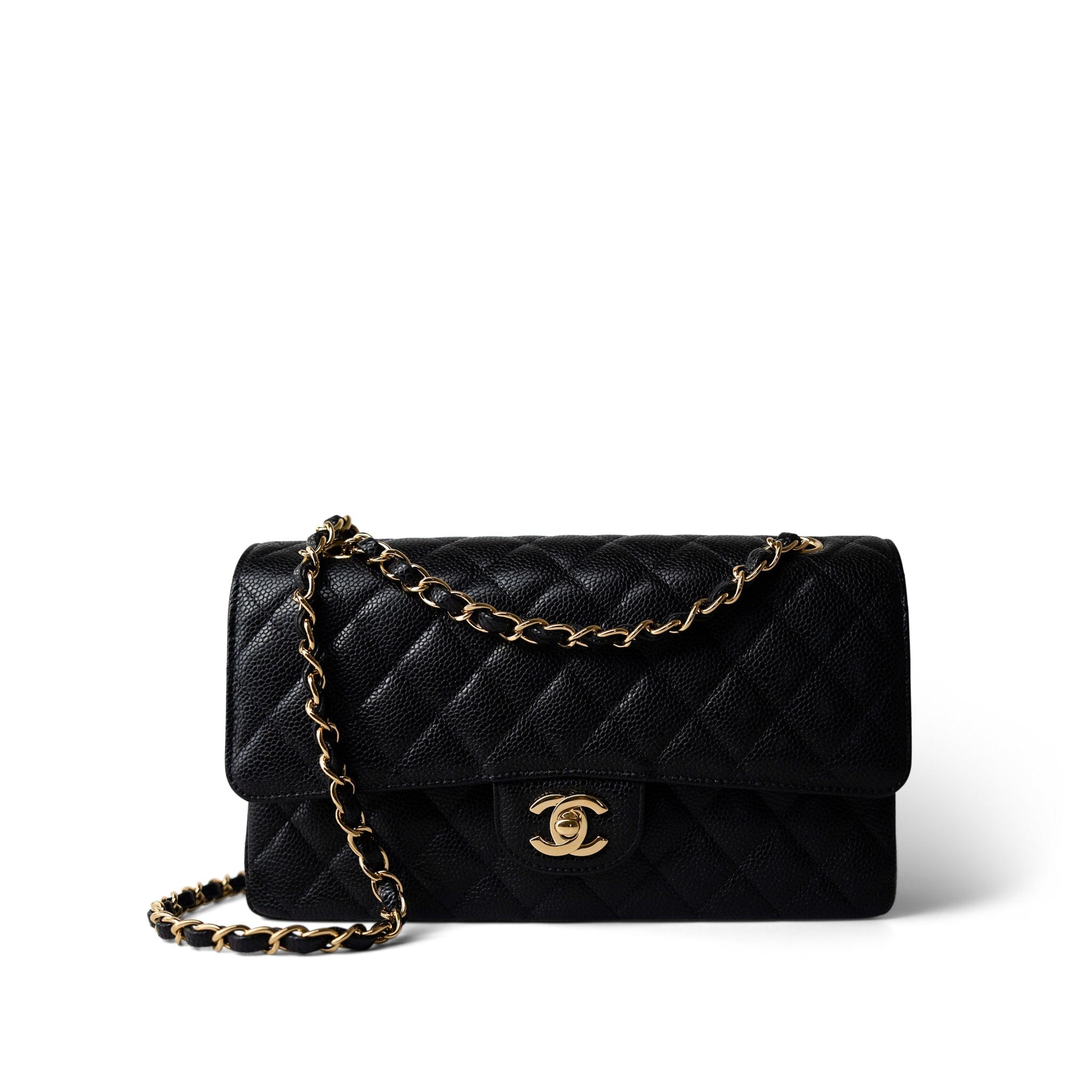 CHANEL Handbag Black Medium Black Caviar Quilted Classic Flap Gold Hardware - Redeluxe