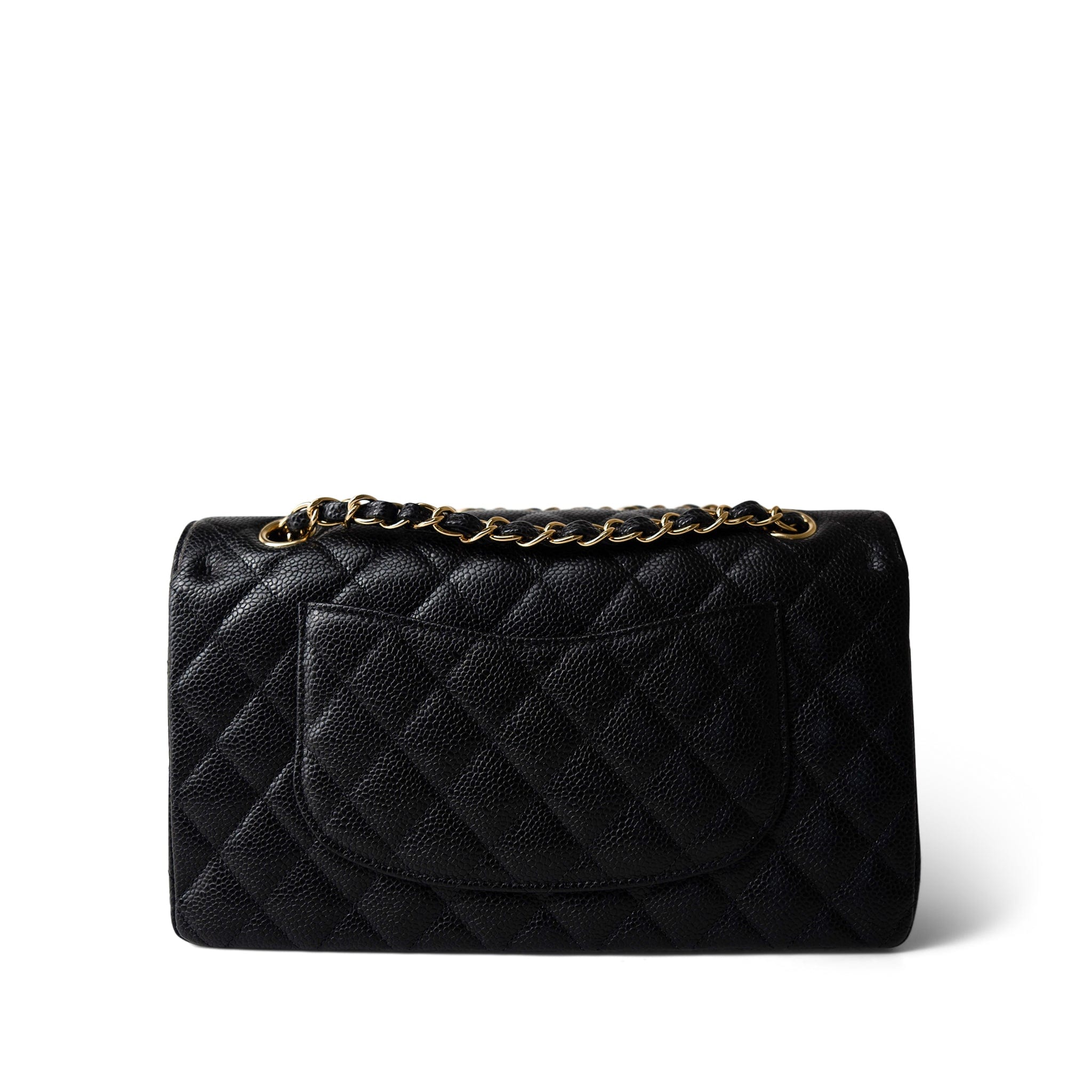 CHANEL Handbag Black Medium Black Caviar Quilted Classic Flap Gold Hardware - Redeluxe