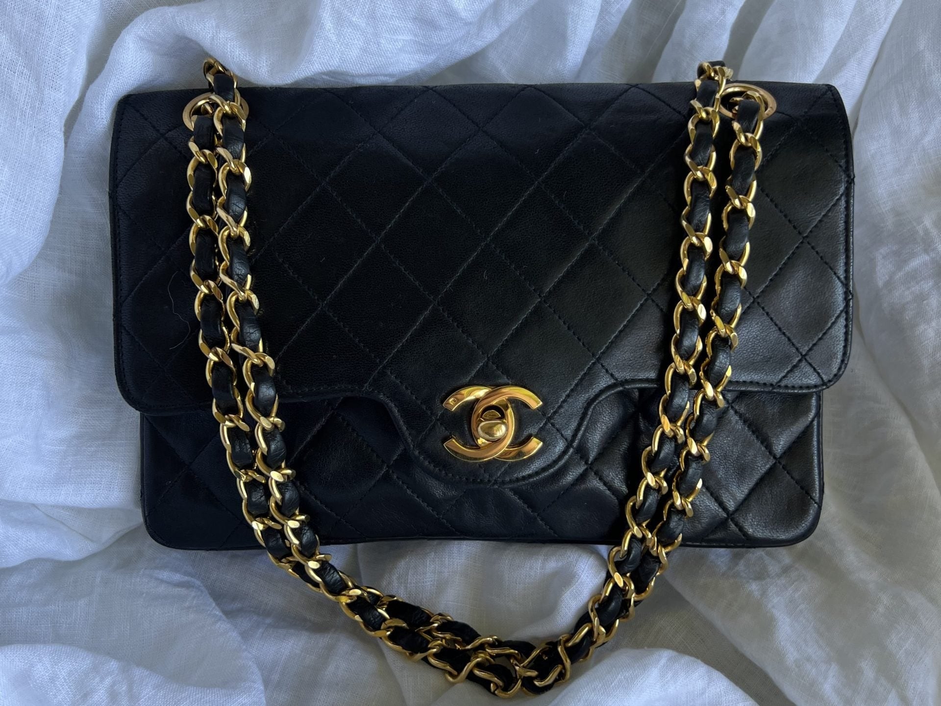 CHANEL Handbag Black Vintage Lambskin Quilted Double Flap Small GHW - Redeluxe